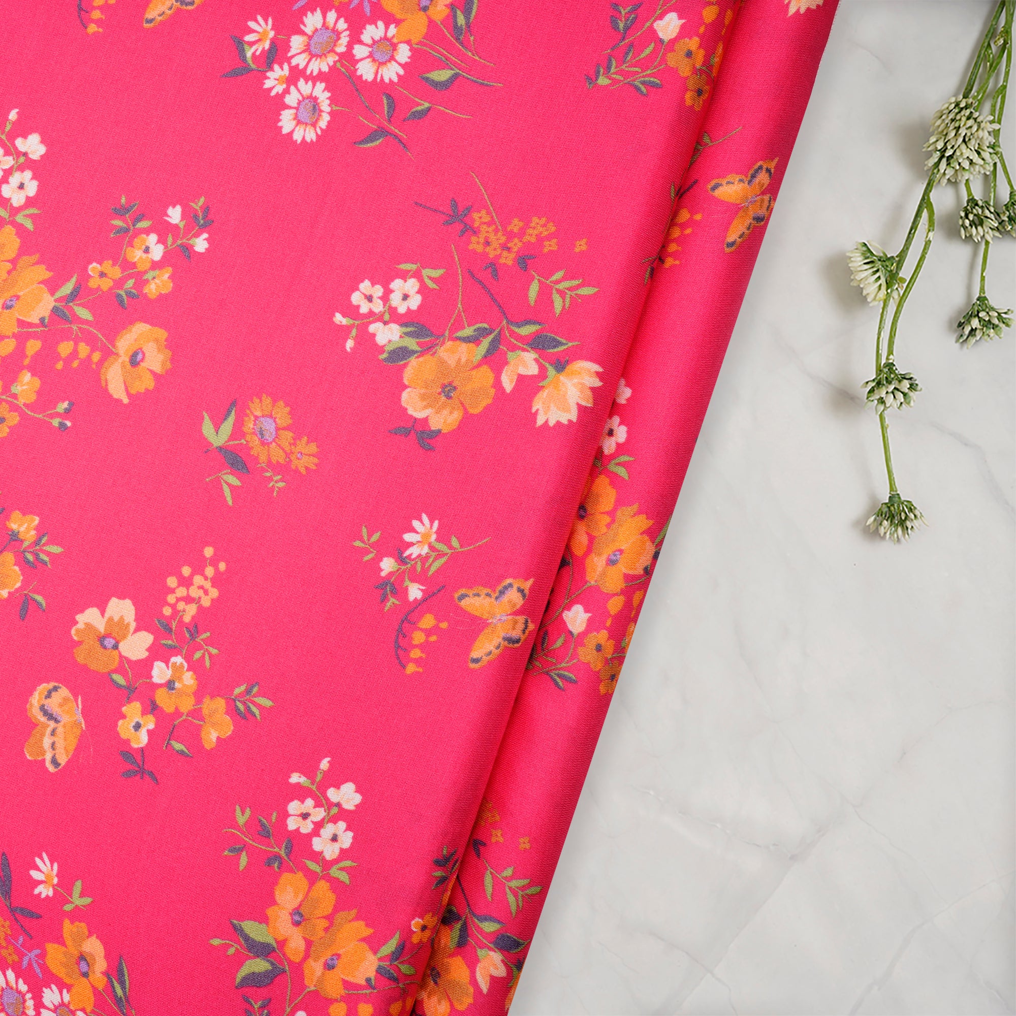 (Pre-Cut 3.20 Mtr)Hot Pink Floarl Pattern Digital Print Modal Satin Fabric