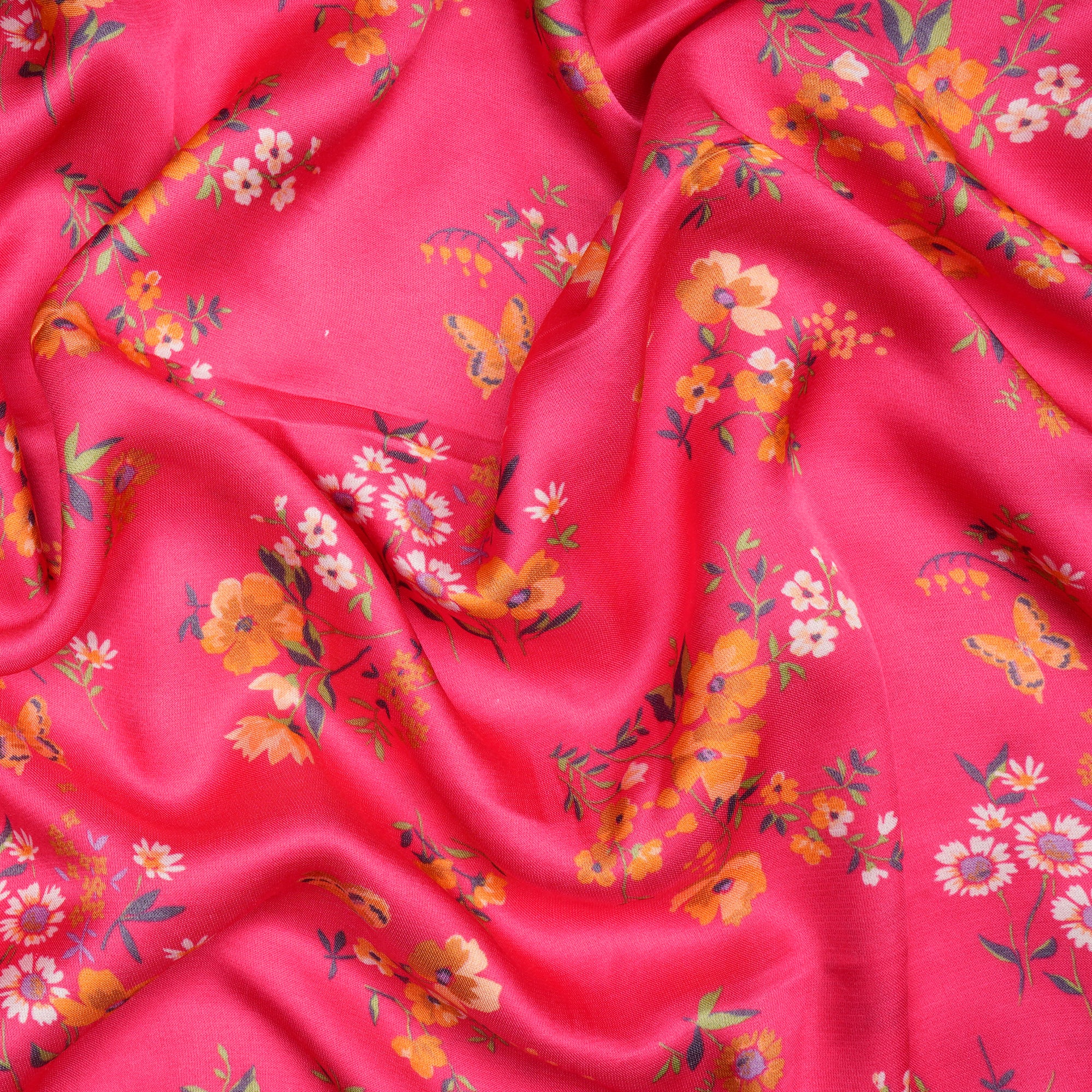 (Pre-Cut 3.20 Mtr)Hot Pink Floarl Pattern Digital Print Modal Satin Fabric