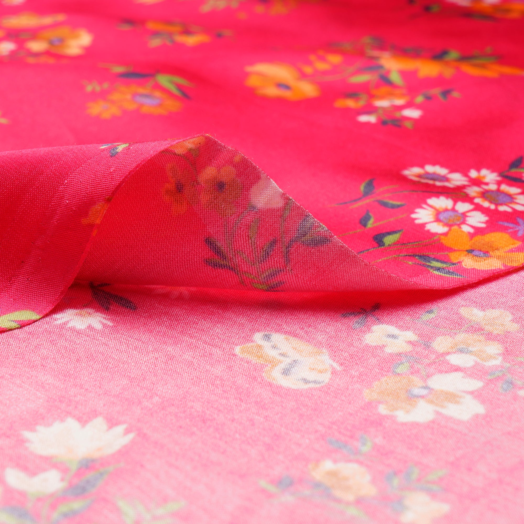 (Pre-Cut 3.20 Mtr)Hot Pink Floarl Pattern Digital Print Modal Satin Fabric