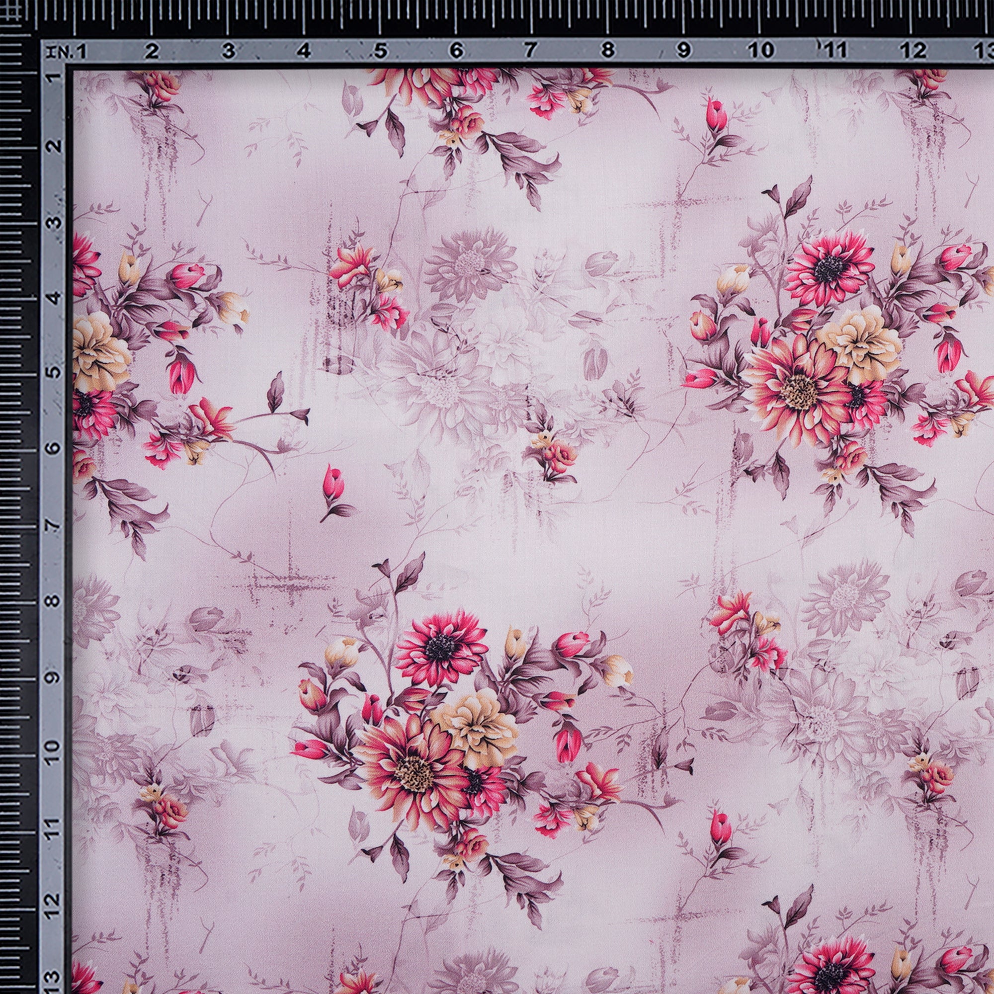 (Pre-Cut 2.50 Mtr)Lavender Floral Pattern Screen Print Compact Satin Fabric