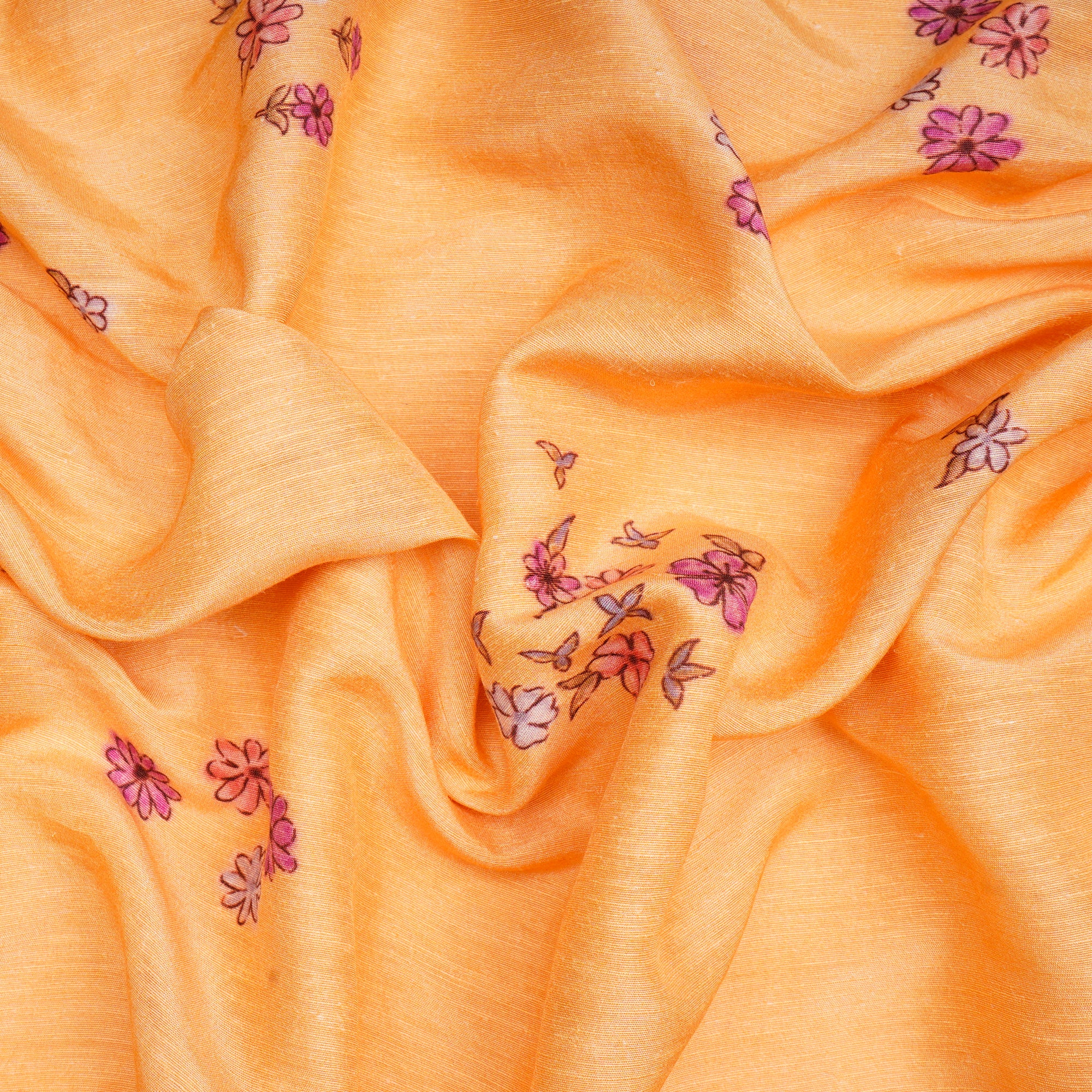 (Pre-Cut 1.80 Mtr) Yellow Floral Pattern Digital Print Bemberg Linen Fabric