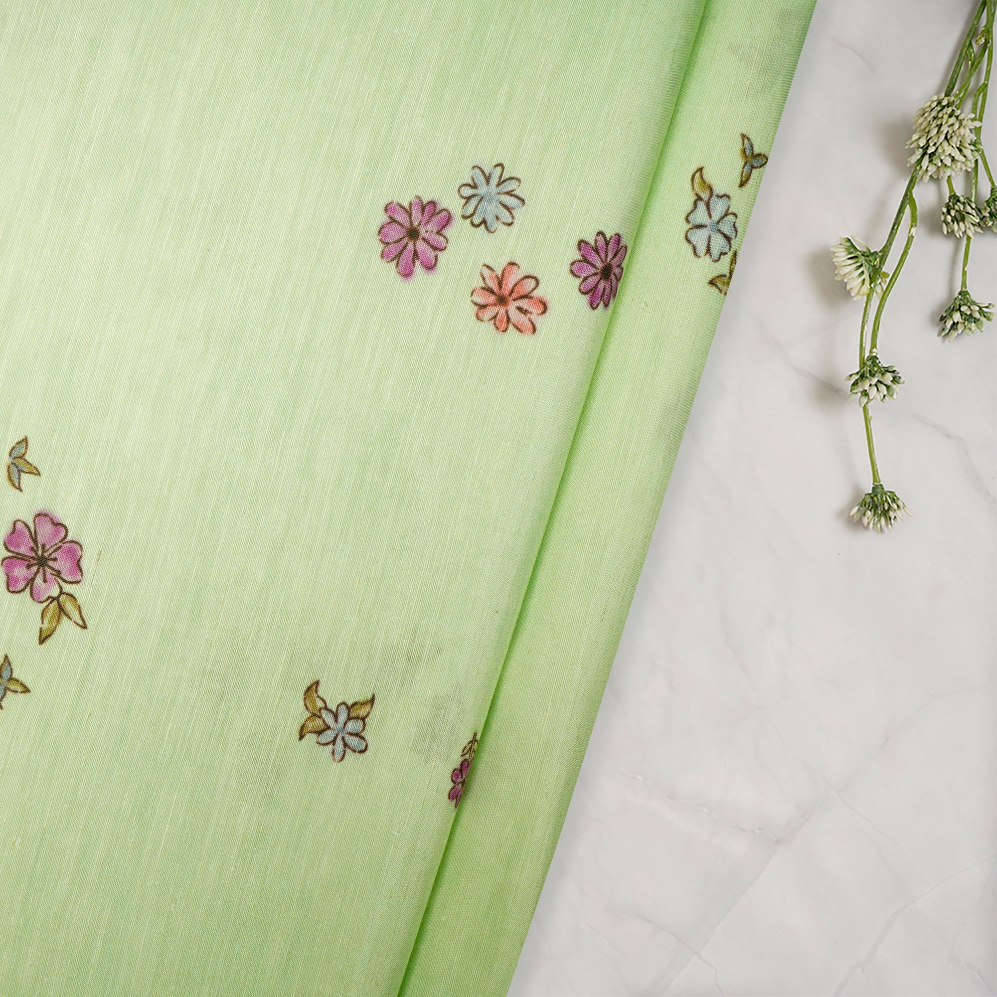 (Pre-Cut 1.90 Mtr)Mint Green Floral Pattern Digital Print Bemberg Linen Fabric