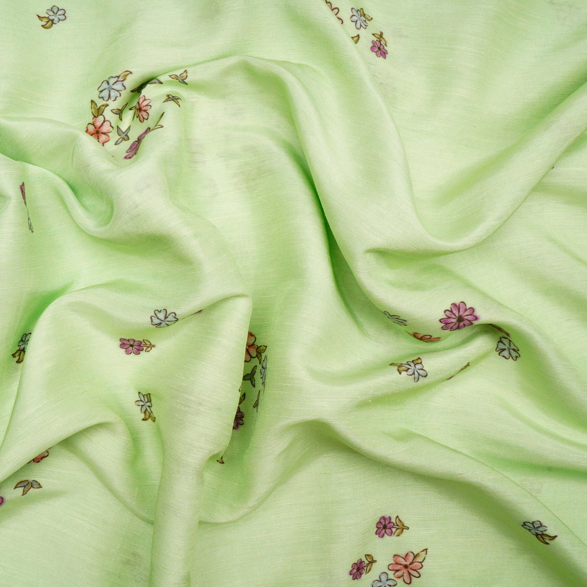 (Pre-Cut 1.90 Mtr)Mint Green Floral Pattern Digital Print Bemberg Linen Fabric