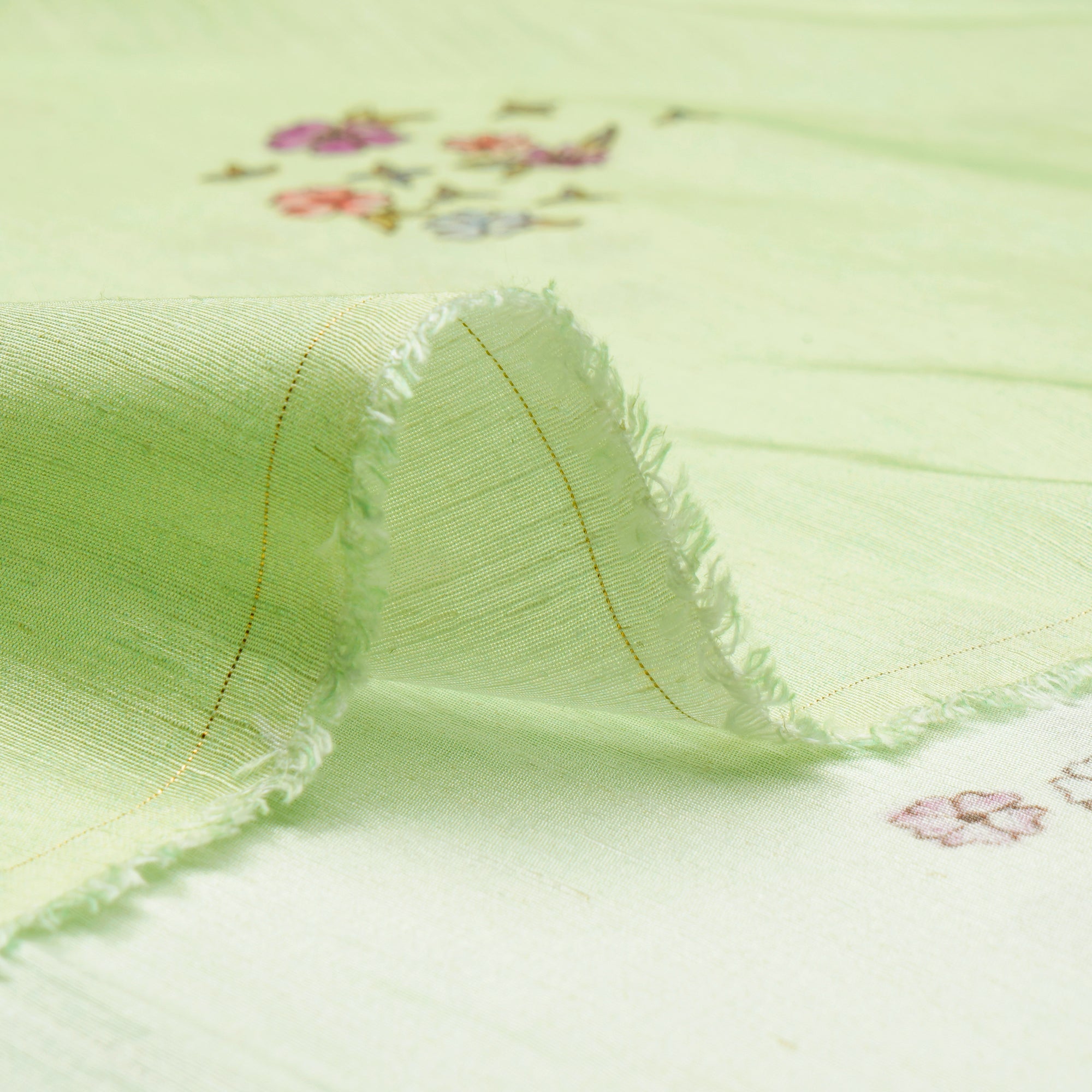 (Pre-Cut 1.90 Mtr)Mint Green Floral Pattern Digital Print Bemberg Linen Fabric