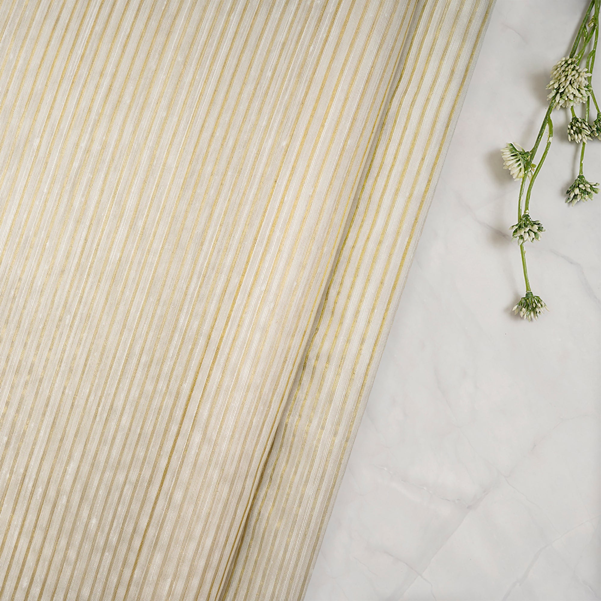 (Pre-Cut 0.50 Mtr)White-Golden Stripe Pattern Dyeable Silk-Cotton Fabric
