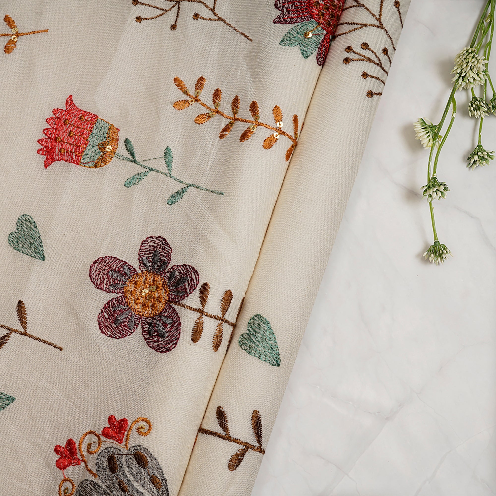 (Pre-Cut 0.50 Mtr)Off-White Floral Motif Pattern Embroidered Cotton Fabric