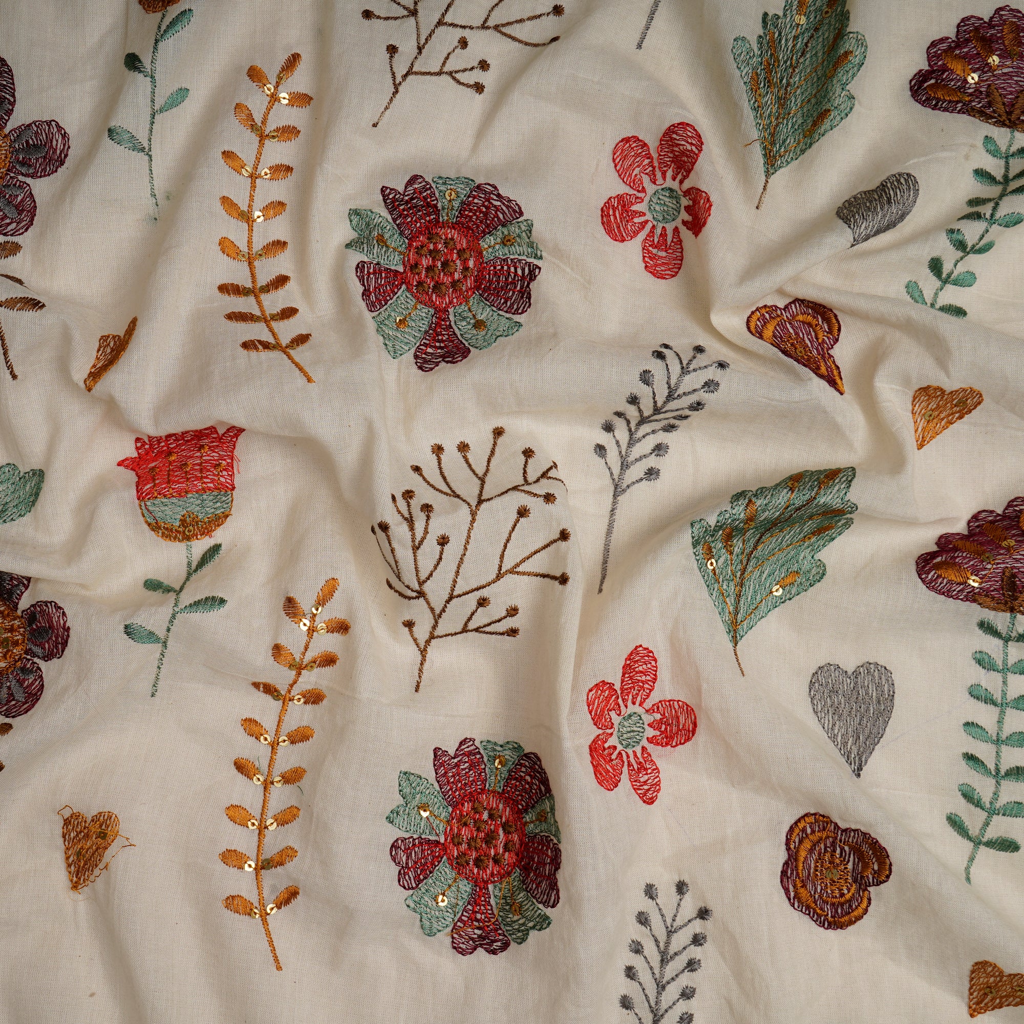 (Pre-Cut 0.50 Mtr)Off-White Floral Motif Pattern Embroidered Cotton Fabric