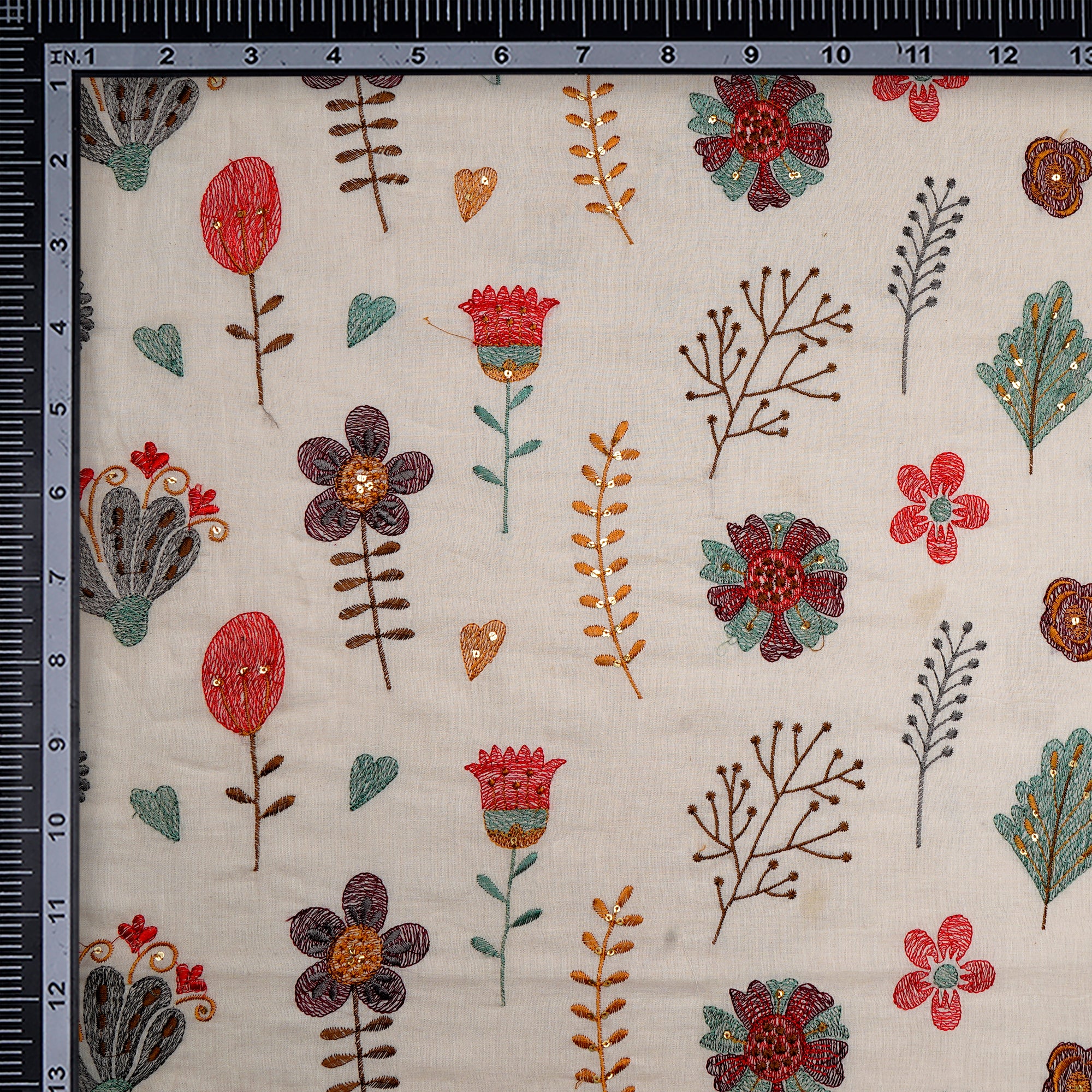 (Pre-Cut 0.90 Mtr)Cream All Over Pattern Embroidered Cotton Fabric