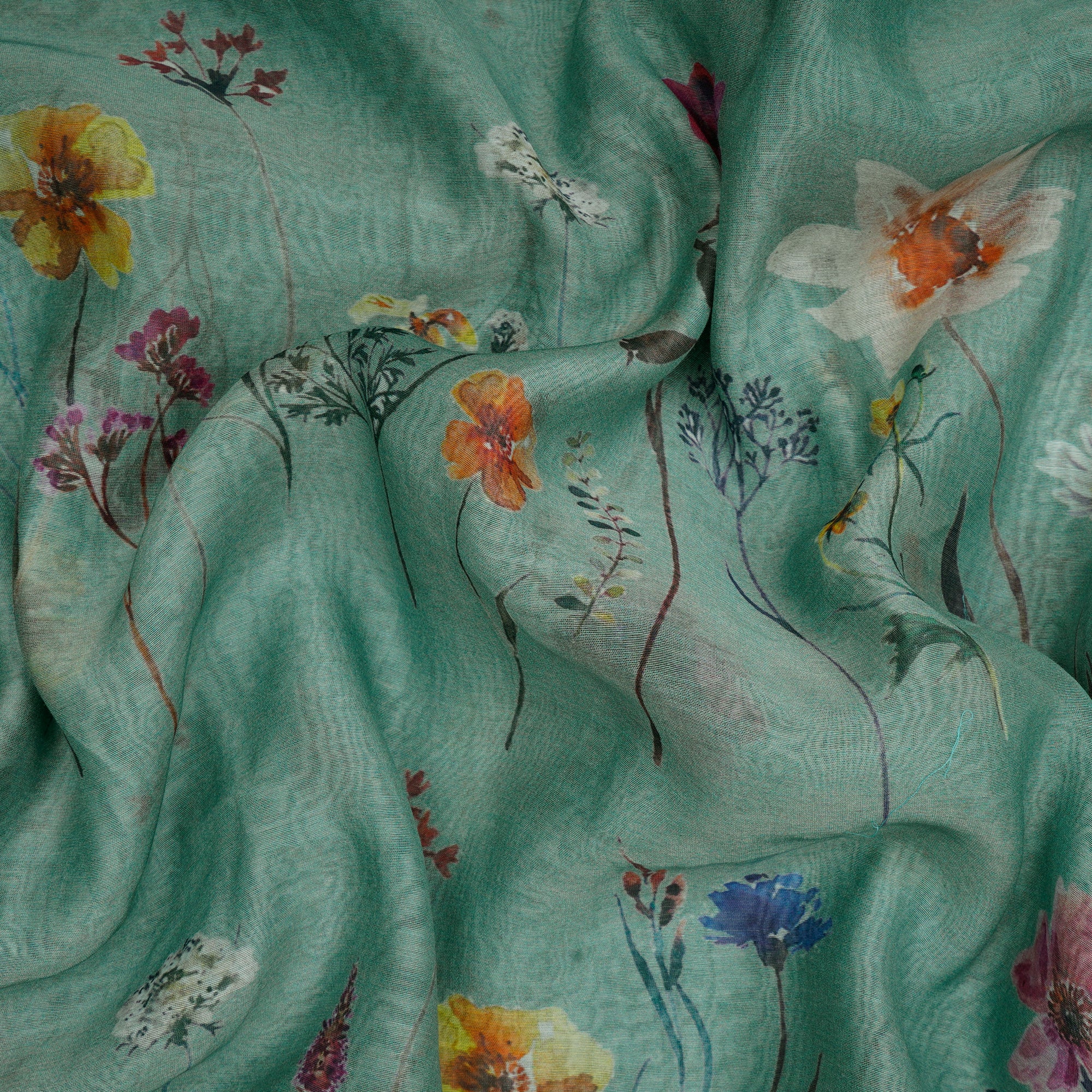 (Pre-Cut 3.00 Mtr) Beryl Green Floral Pattern Digital Print Chanderi Fabric