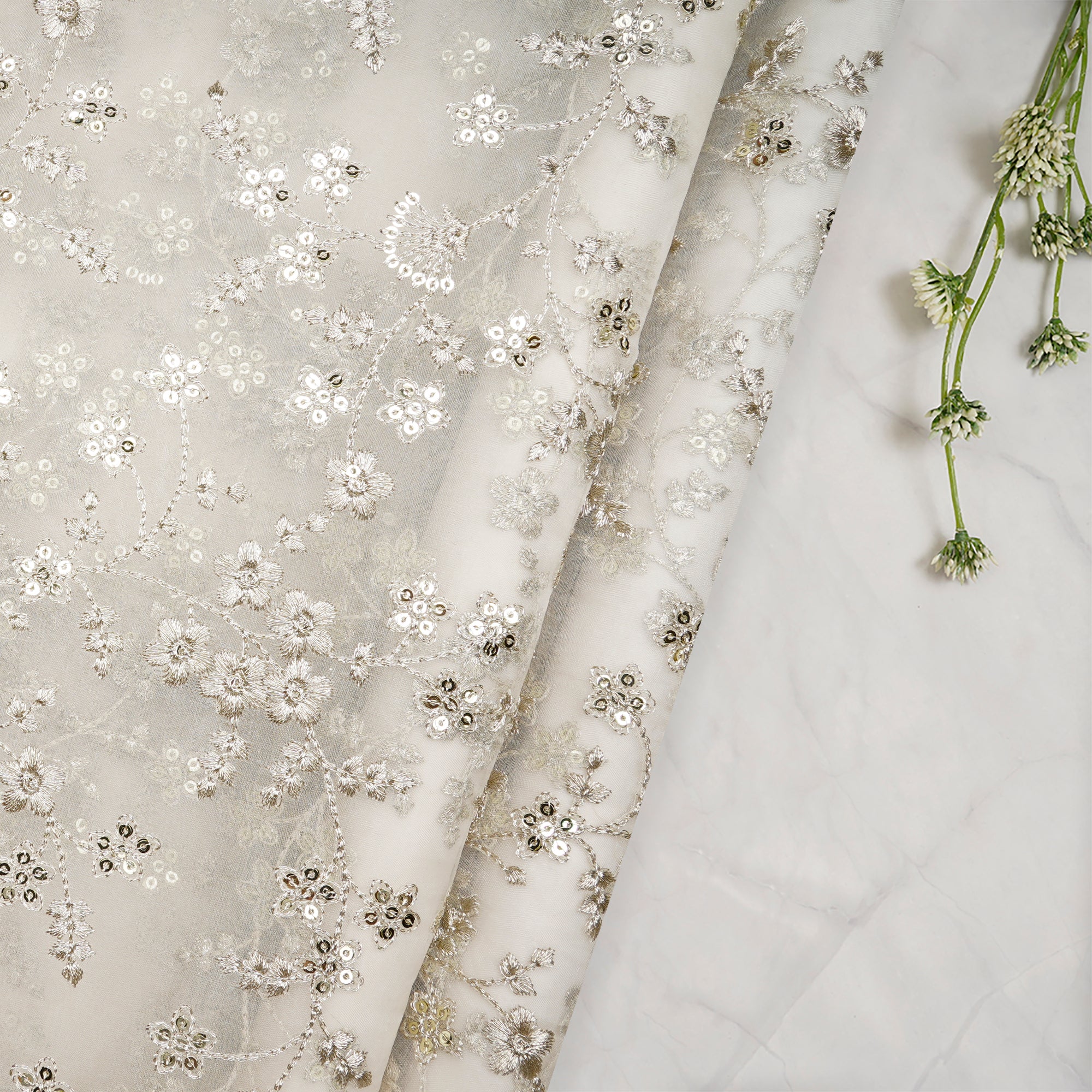 (Pre-Cut 3.30 Mtr)White Dyeable Floral Pattern Zari Sequins Embroidered Organza Silk Fabric