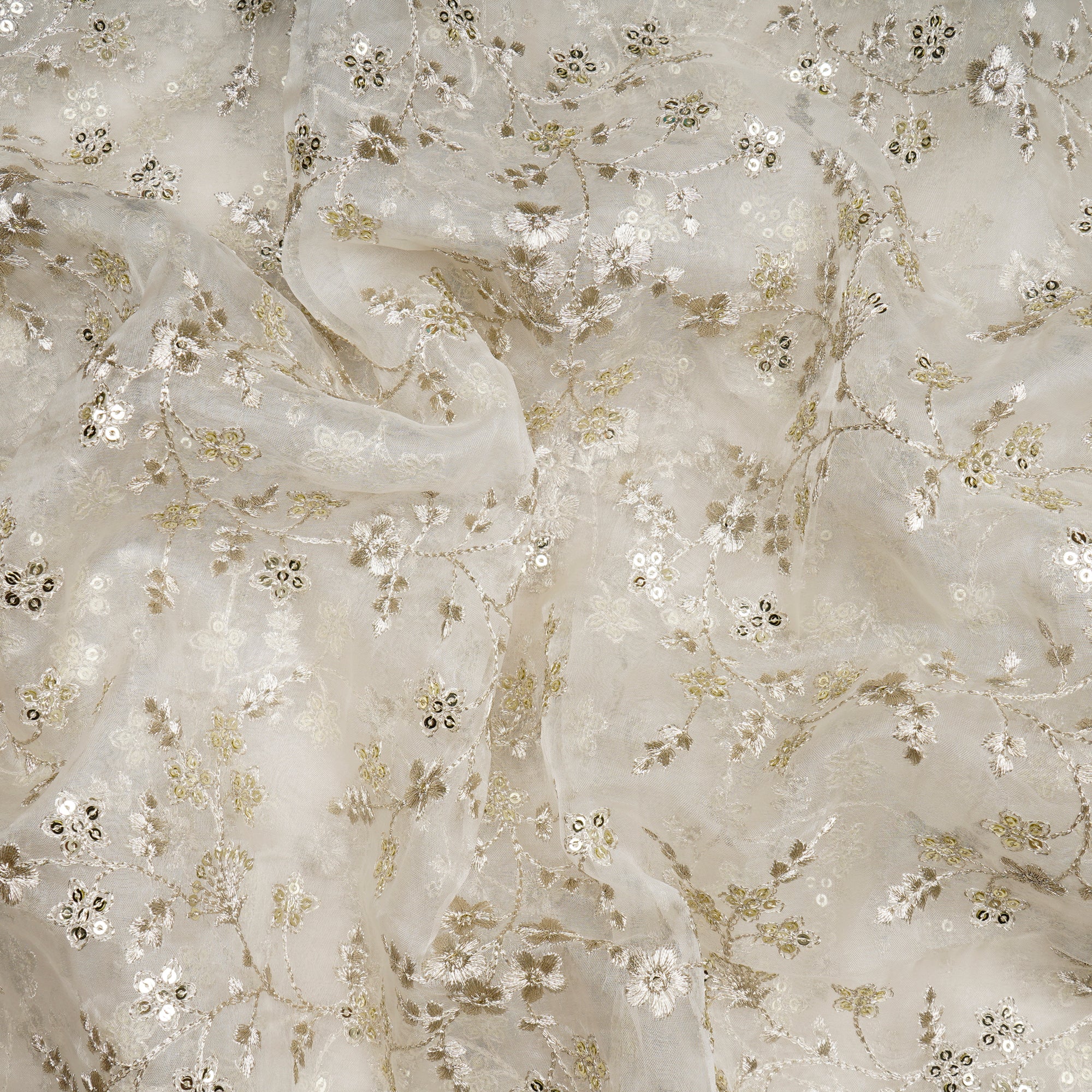 (Pre-Cut 3.30 Mtr)White Dyeable Floral Pattern Zari Sequins Embroidered Organza Silk Fabric