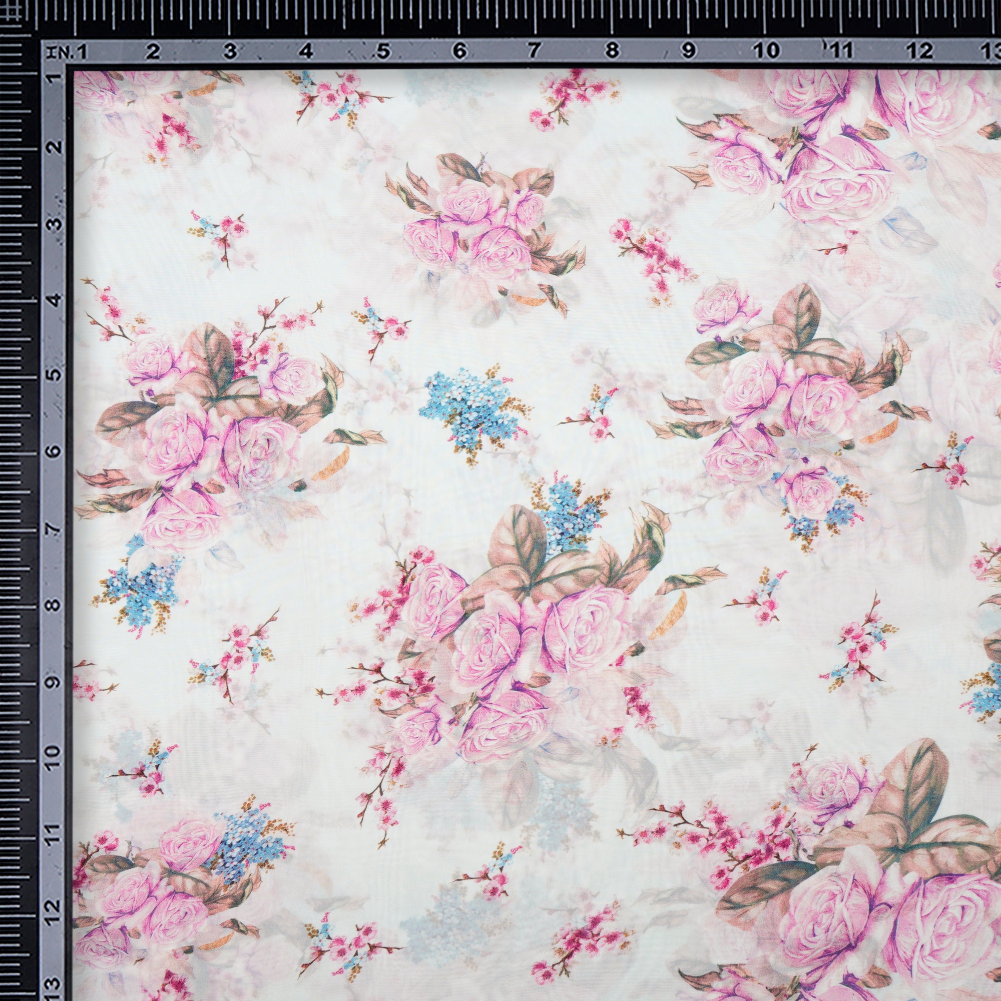 (Pre-Cu 1.90 Mtr)White Floral Pattern Digital Printed Bemberg Paper Silk Fabric