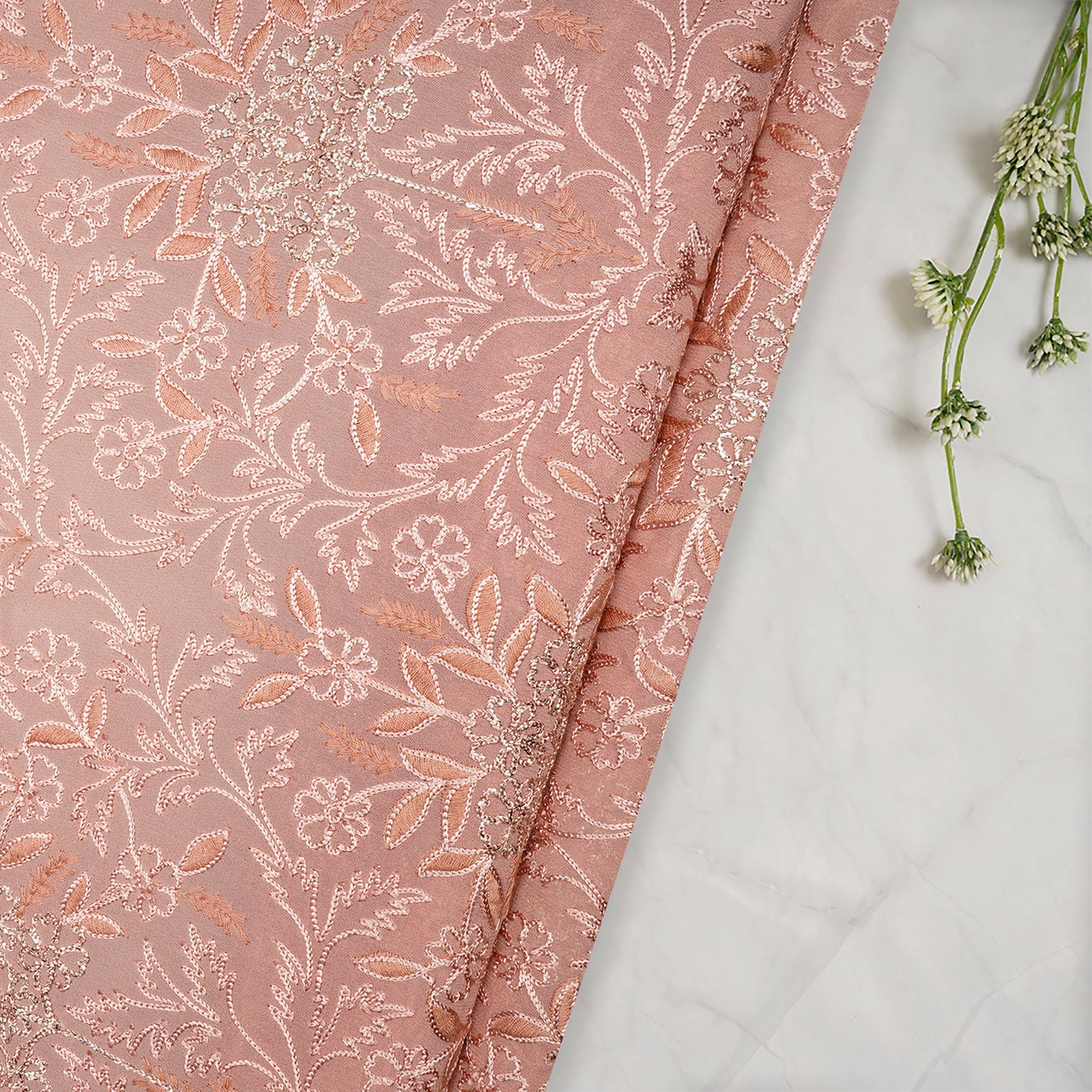 (Pre-Cut 1.25 Mtr)Peach Embroidered Viscose Organza Fabric