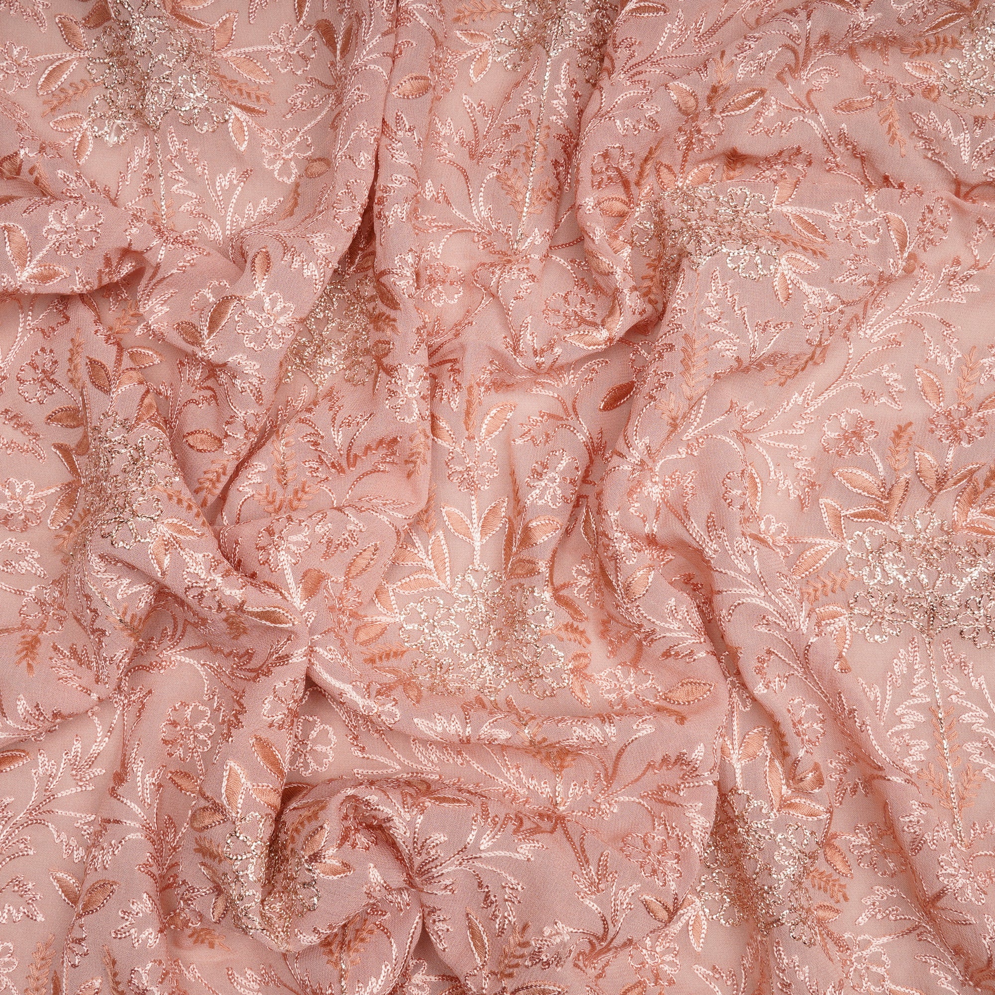 (Pre-Cut 1.25 Mtr)Peach Embroidered Viscose Organza Fabric