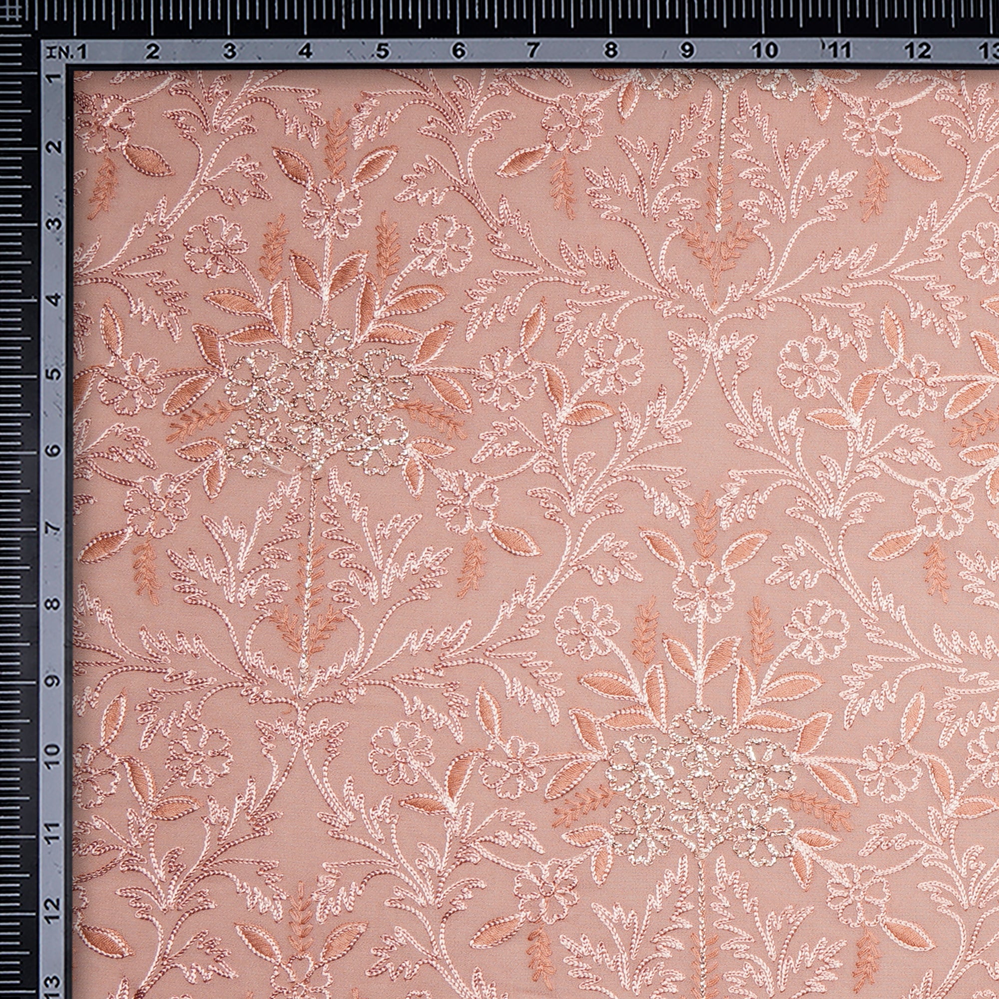 (Pre-Cut 1.25 Mtr)Peach Embroidered Viscose Organza Fabric