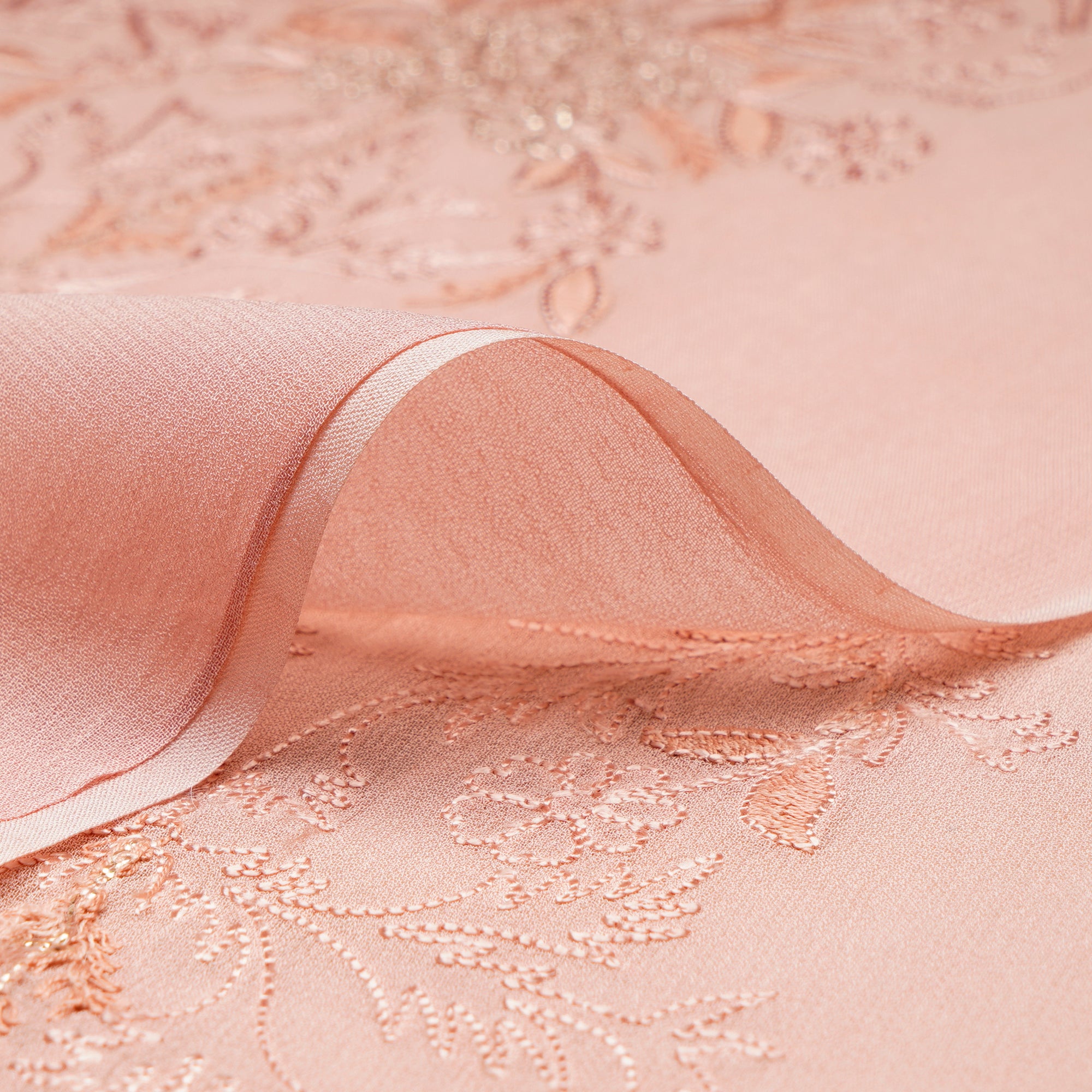 (Pre-Cut 1.25 Mtr)Peach Embroidered Viscose Organza Fabric