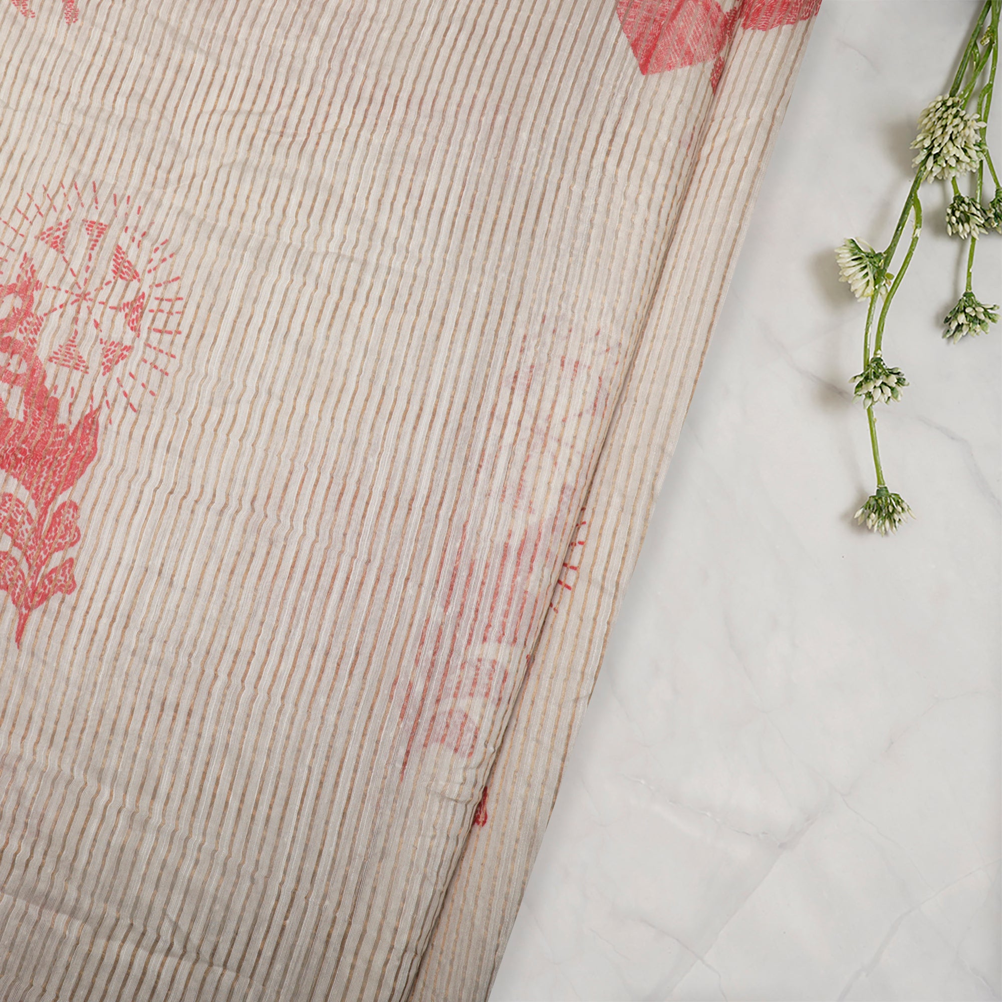 (Pre-Cut 2.55 Mtr)Off White Floral Pattern Digital Print Fancy Chanderi Fabric