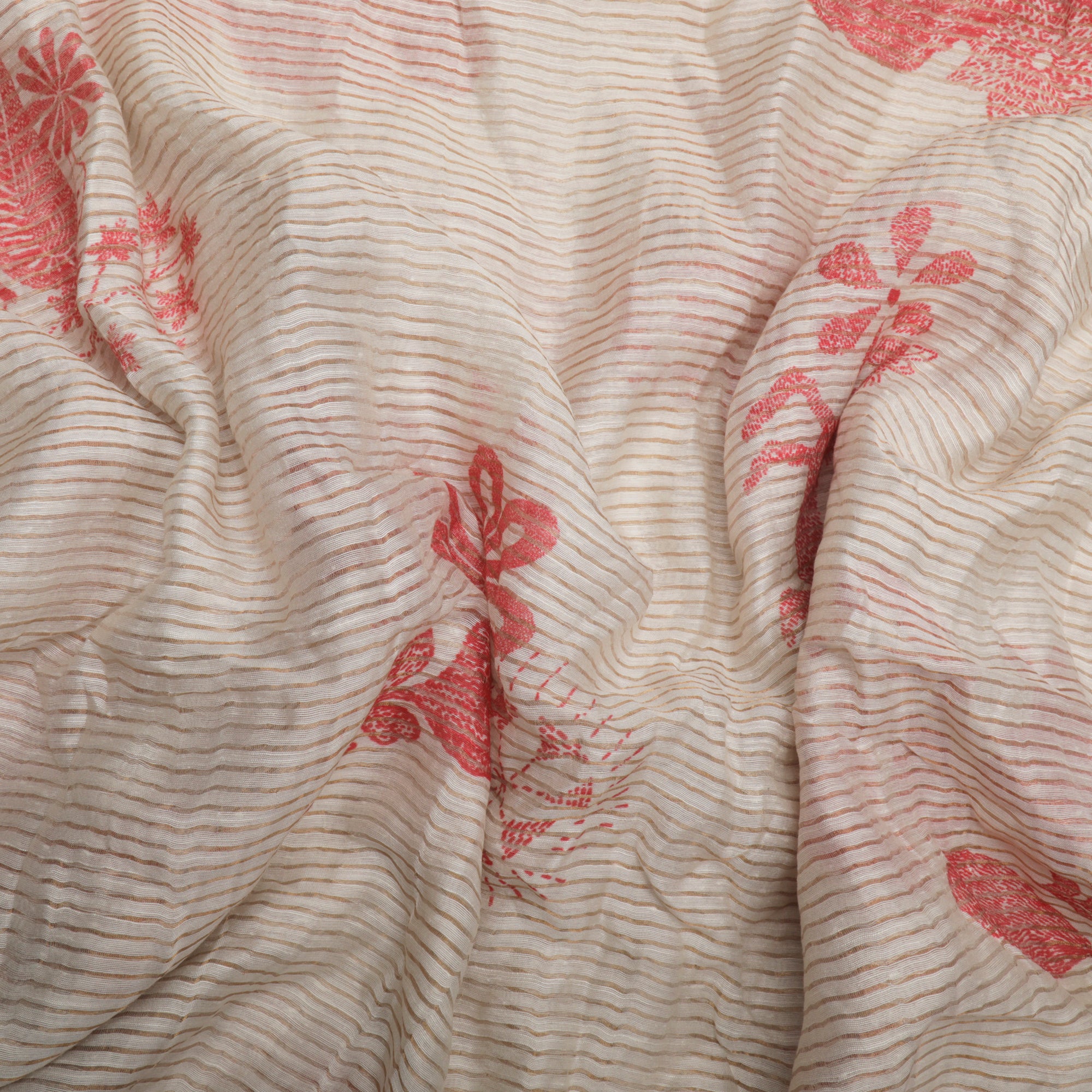 (Pre-Cut 2.55 Mtr)Off White Floral Pattern Digital Print Fancy Chanderi Fabric