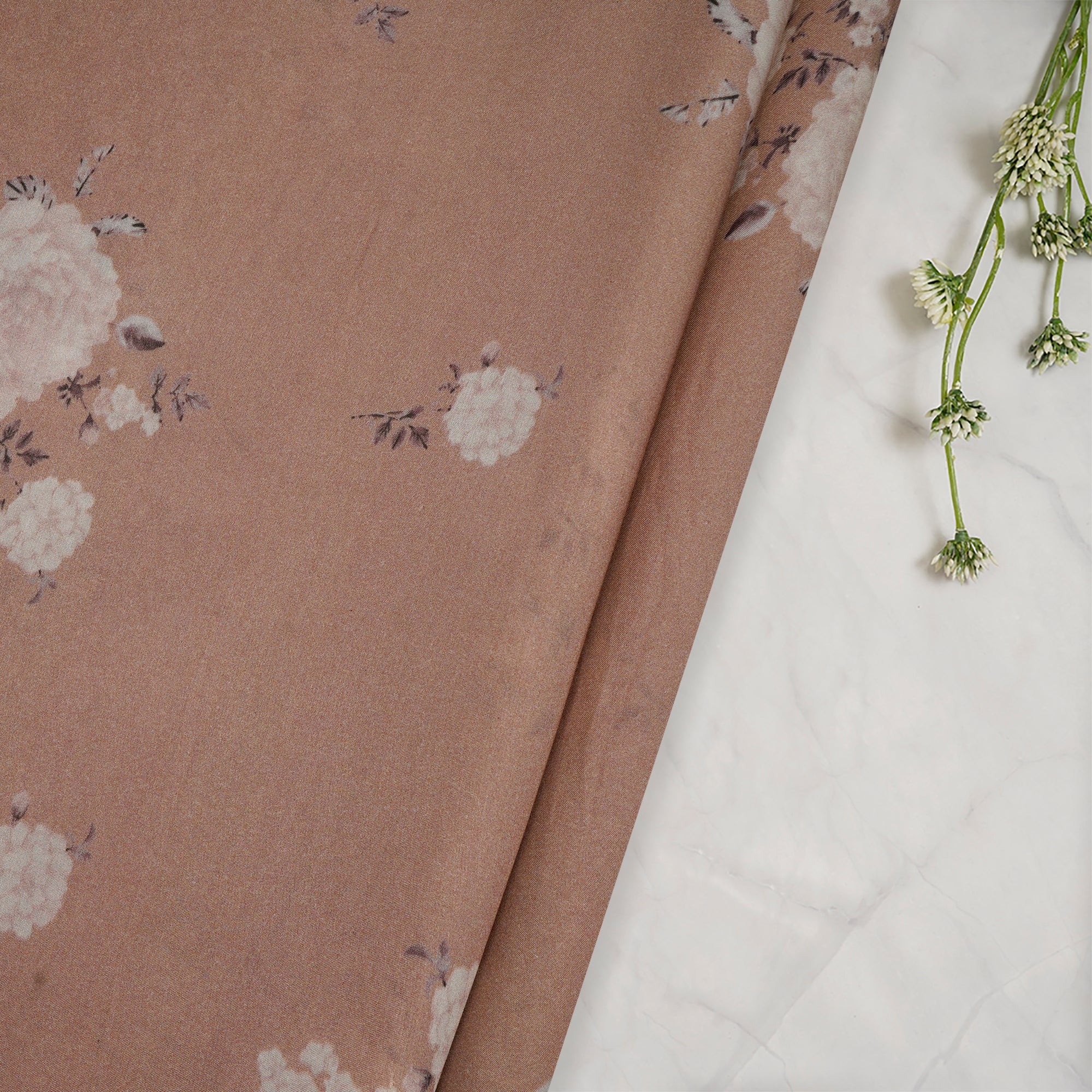 (Pre-Cut 4.80 Mtr)Brown Floral Pattern Digital Printed Bemberg Modal Fabric