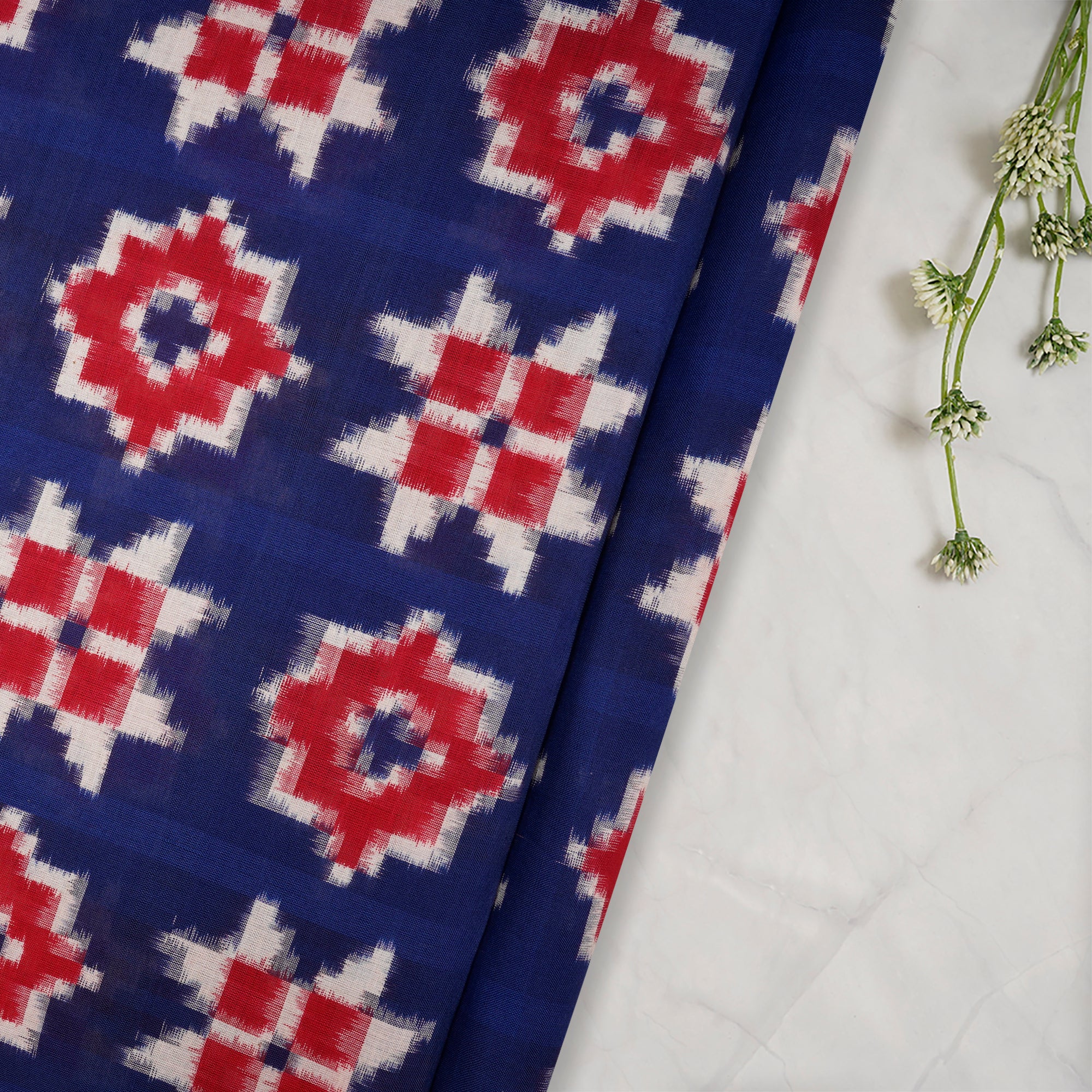 (Pre-Cut 3.90 Mtr) Blue-Red Washed Woven Ikat Cotton Fabric