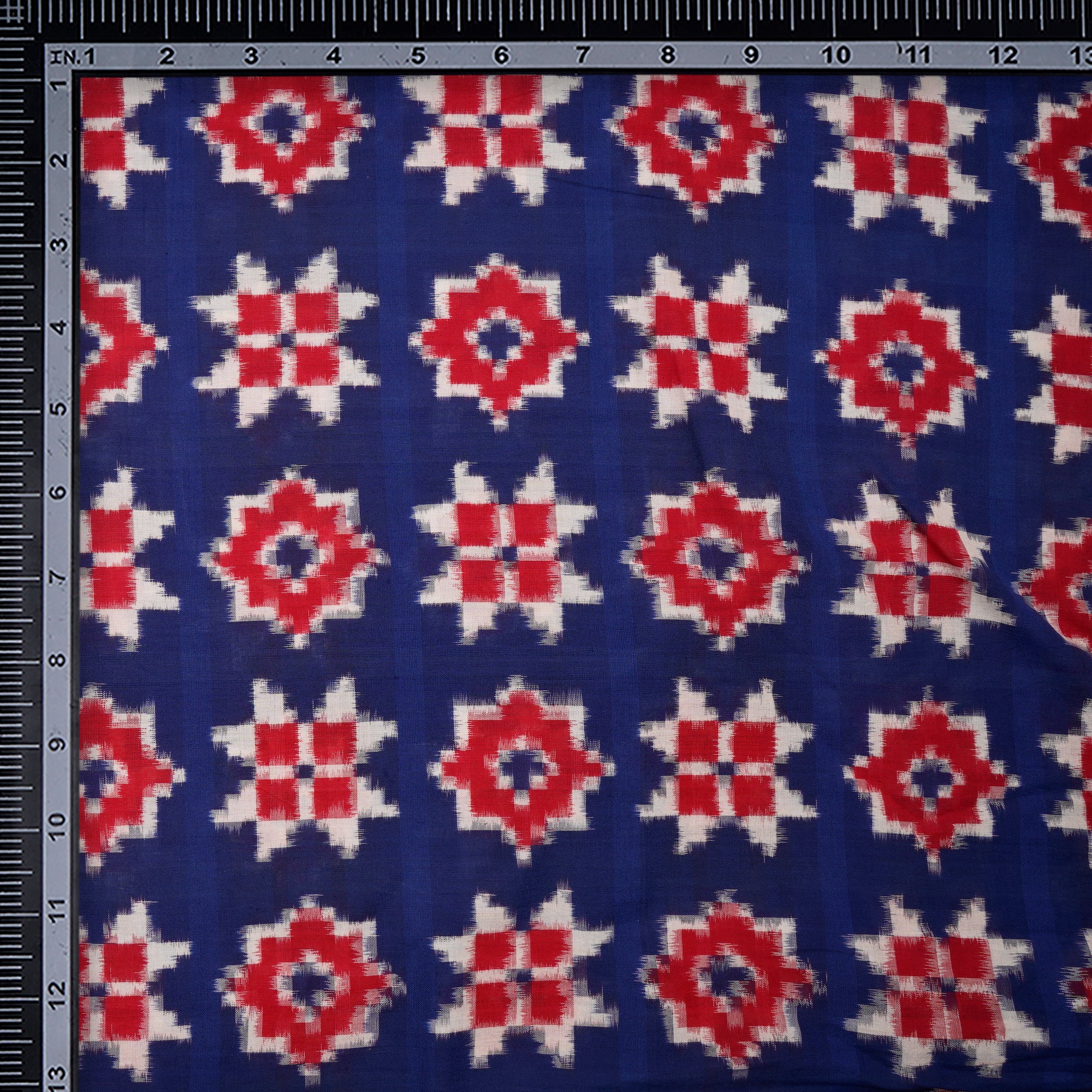 (Pre-Cut 3.90 Mtr) Blue-Red Washed Woven Ikat Cotton Fabric