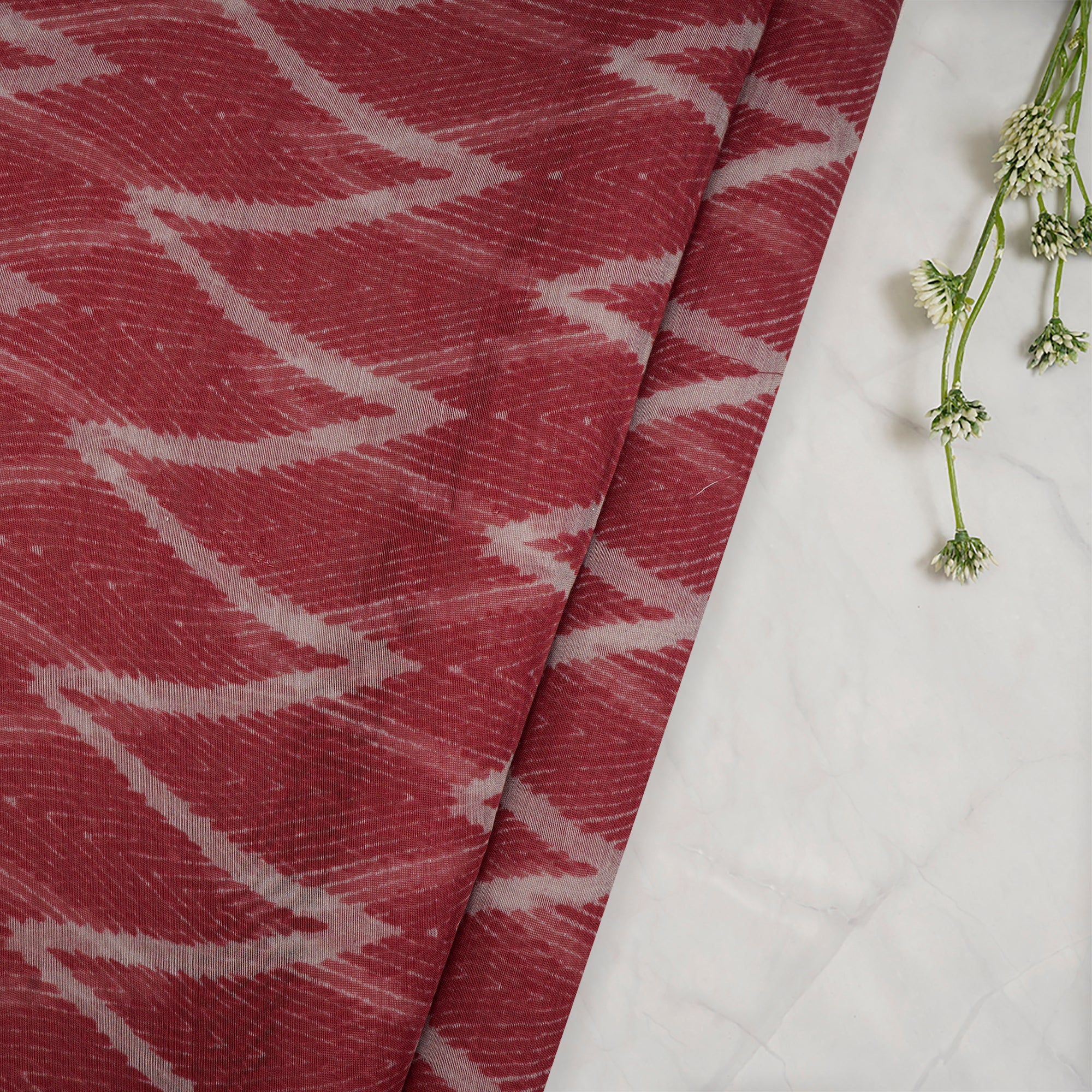 (Pre-Cut 2.25 Mtr) Red Ikat Pattern Digital Print Silk-Cotton Fabric