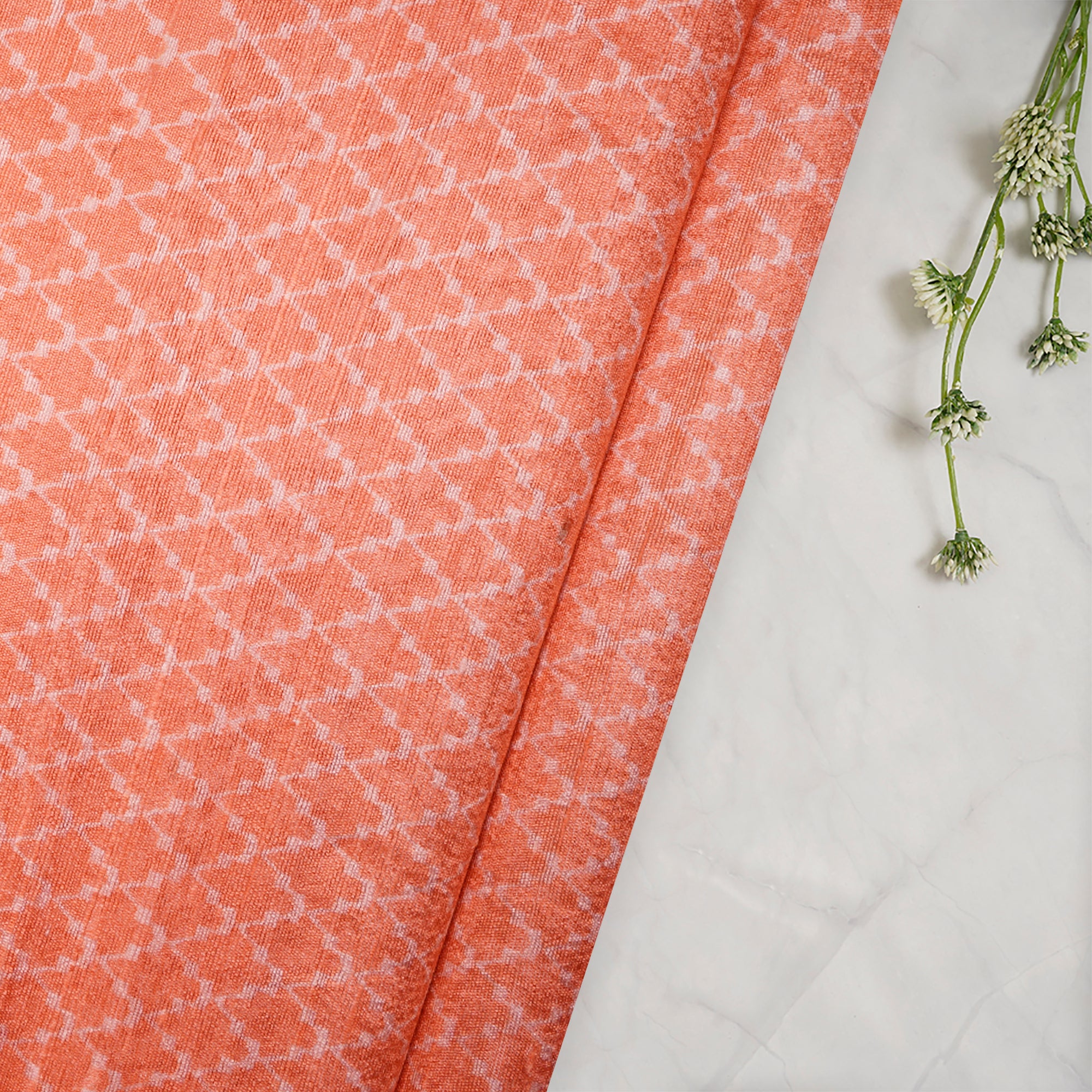 (Pre-Cut 1.50 Mtr)Orange Geometric Pattern Digital Printed Dupion Silk Fabric