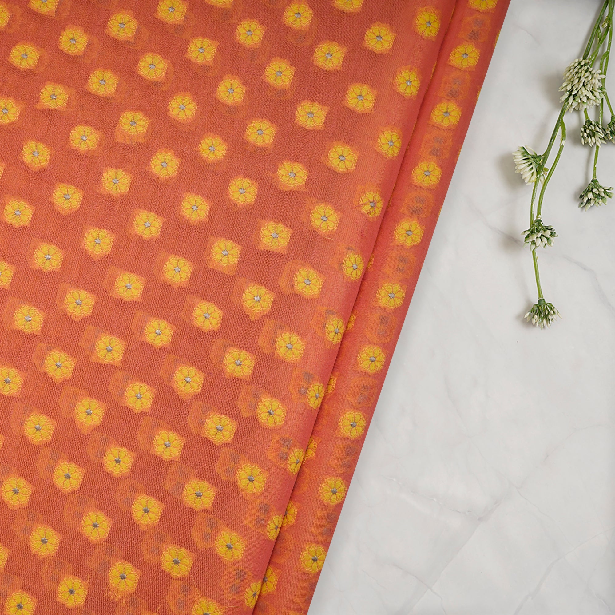 (Pre-Cut 3.30 Mtr)Orange Booti Pattern Jaquard Chanderi Fabric