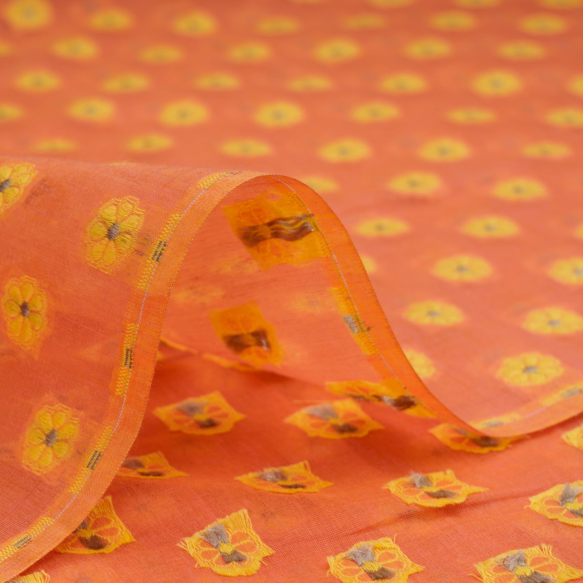 (Pre-Cut 3.30 Mtr)Orange Booti Pattern Jaquard Chanderi Fabric