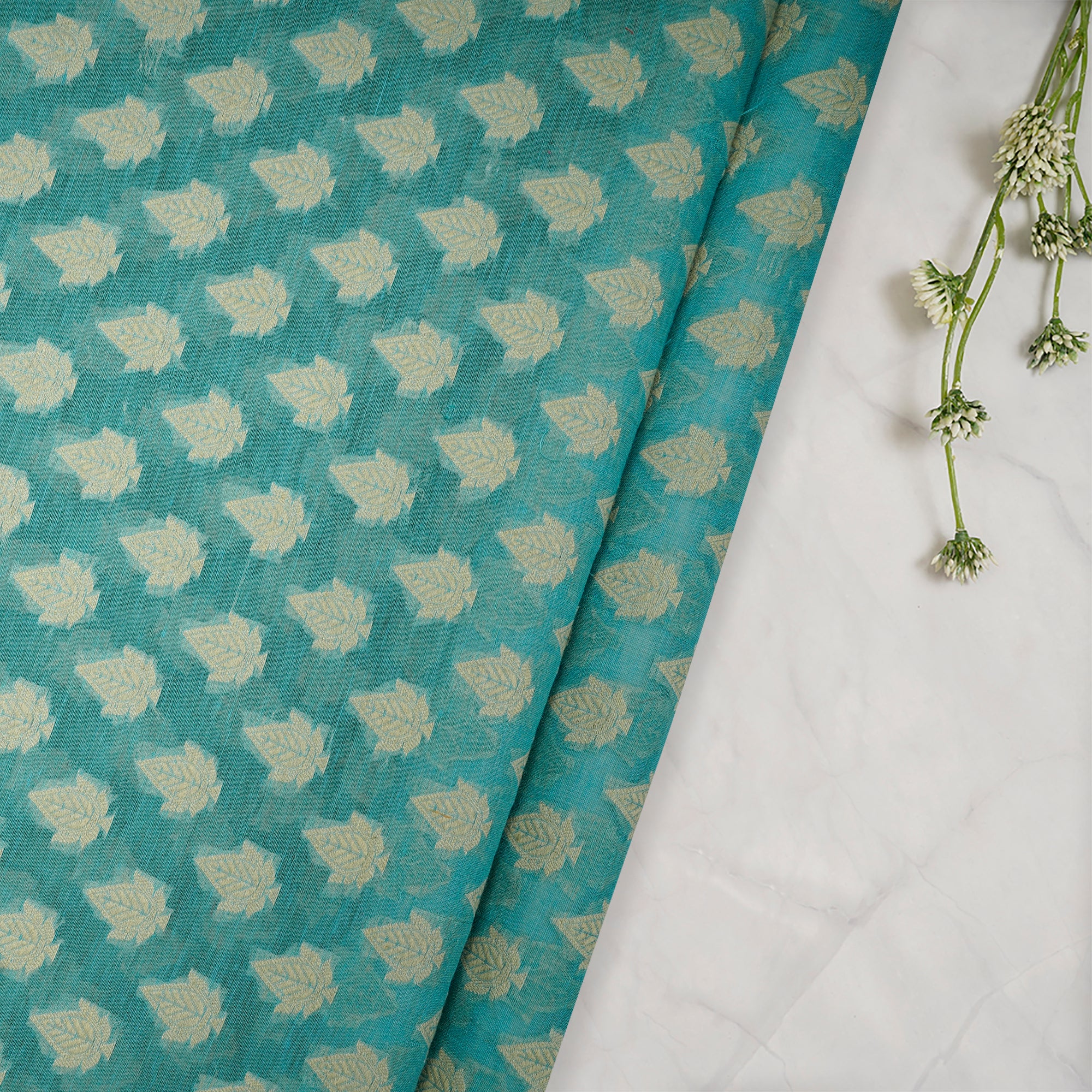 (Pre-Cut 2.95 Mtr)Sky Blue All Over Pattern Jacquard Chanderi Brocade Fabric