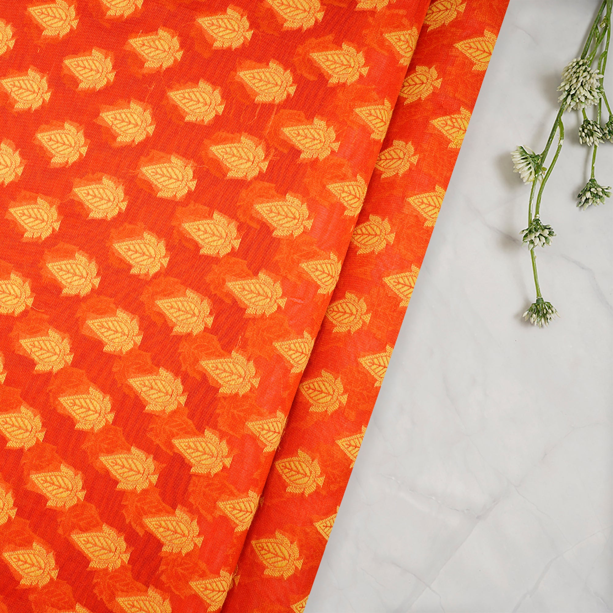 (Pre-Cut 3.85 Mtr)Orange All Over Pattern Jacquard Silk Fabric