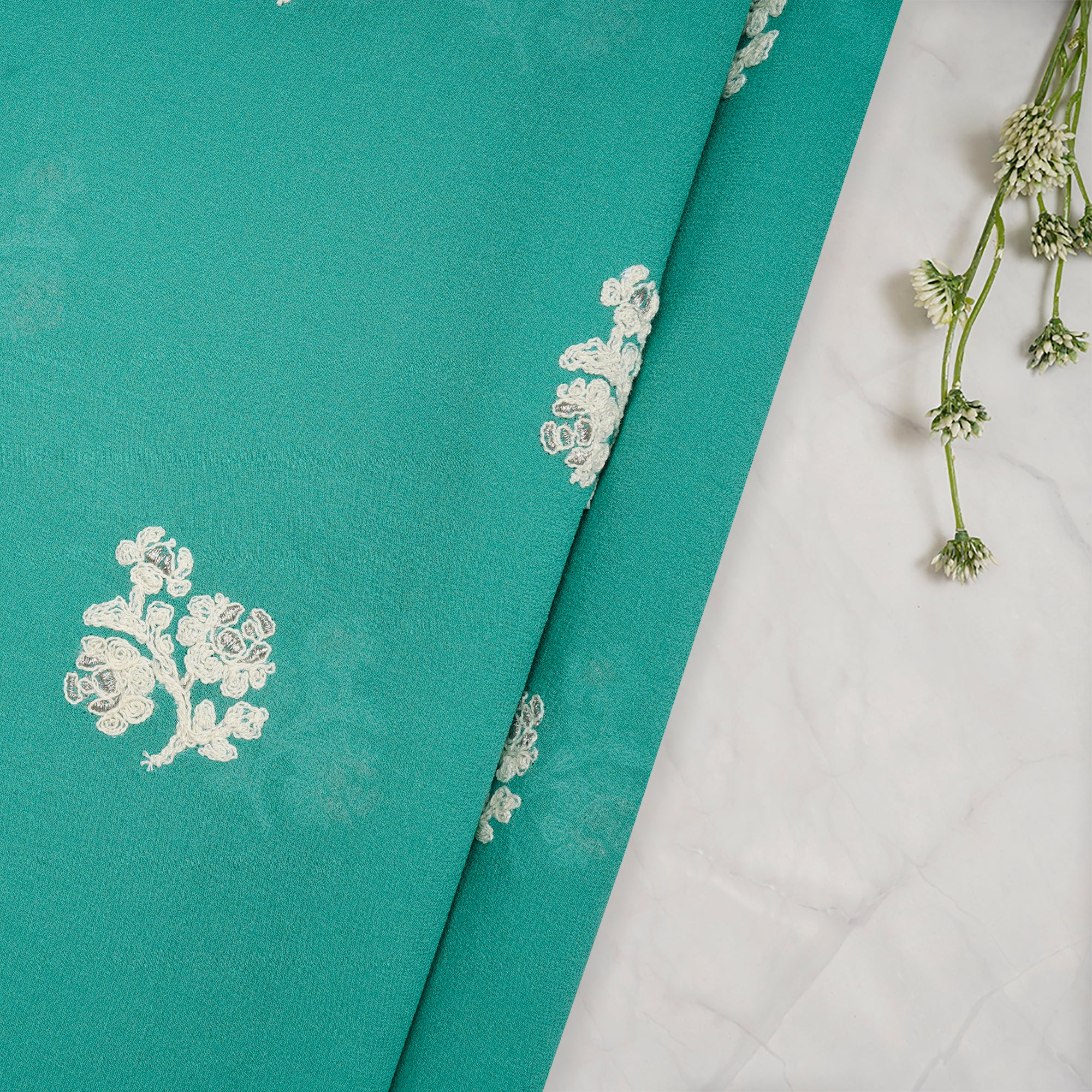 (Pre-Cut 1.60 Mtr)Aqua Green Floral Motif Pattern Embroidered Georgette Silk Fabric