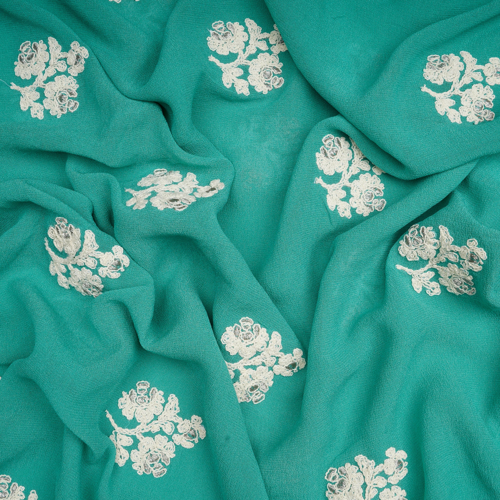 (Pre-Cut 1.60 Mtr)Aqua Green Floral Motif Pattern Embroidered Georgette Silk Fabric