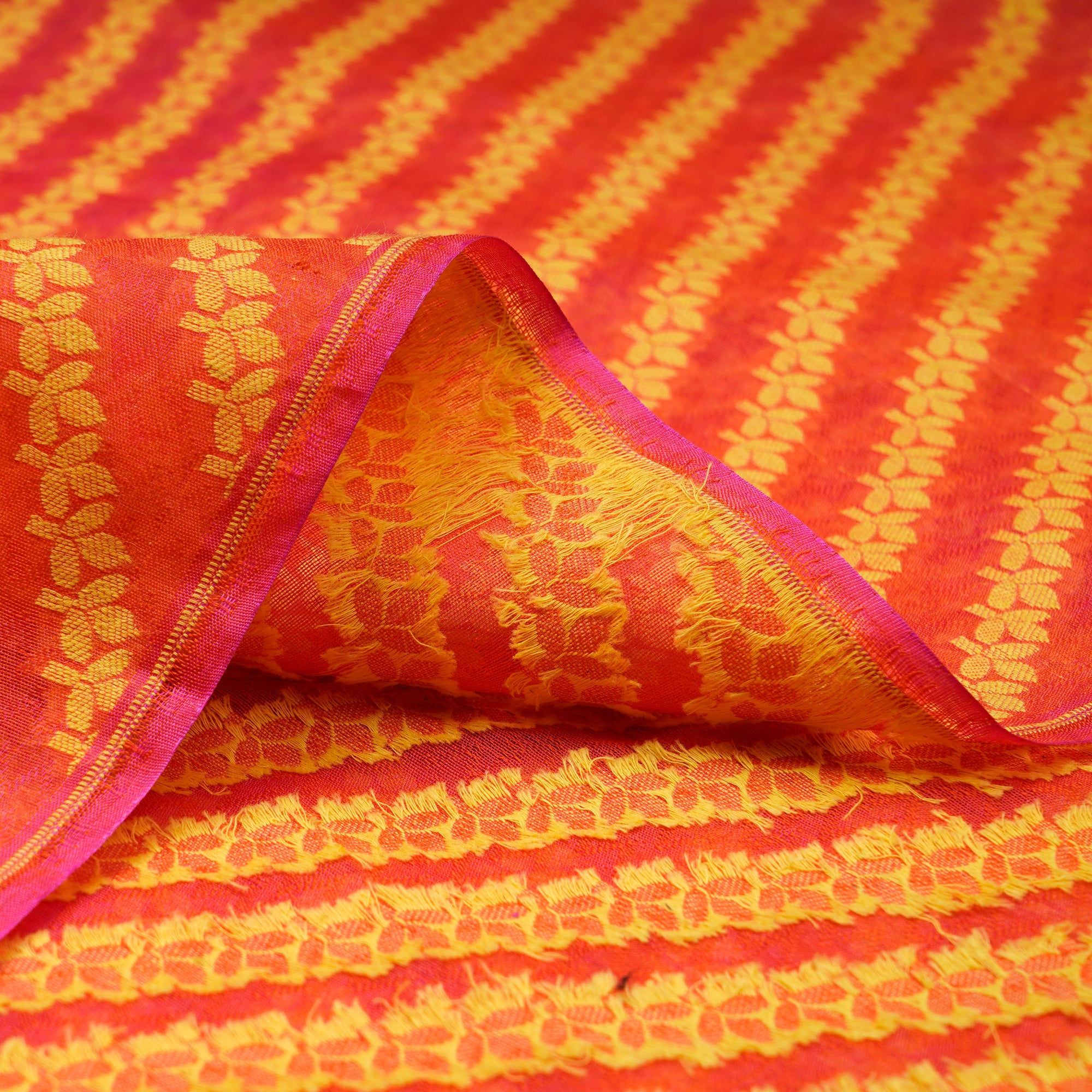 (Pre-Cut 2.85 Mtr)Orange-Yellow All Over Pattern Jacquard Silk Fabric