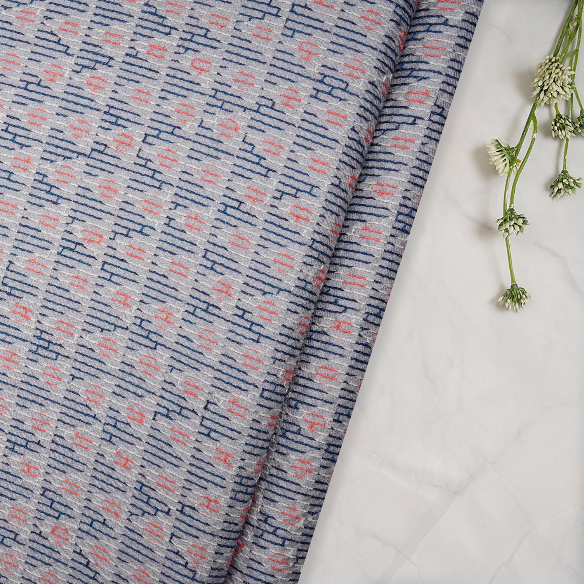 (Pre-Cut 0.90 Mtr)Grey-Multi Geometric Pattern Thread Embroidered Visocse Tusser Fabric