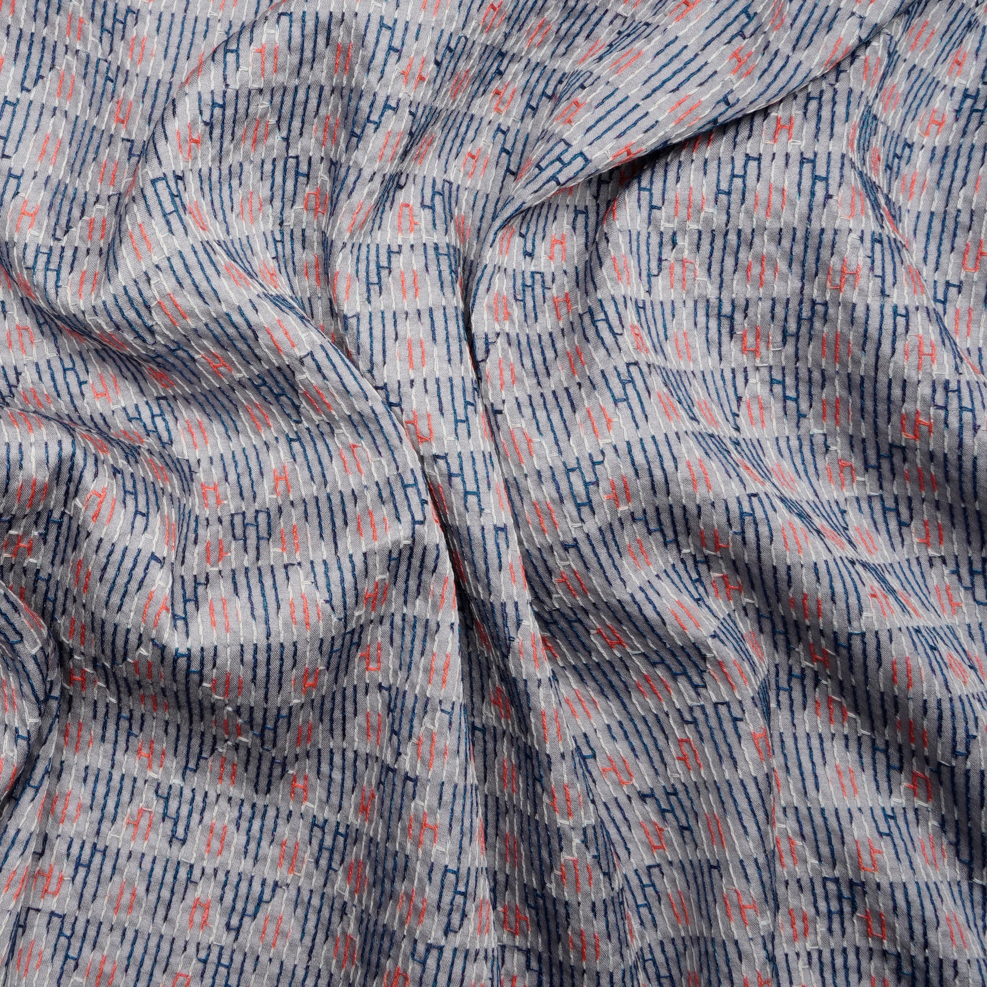 (Pre-Cut 0.90 Mtr)Grey-Multi Geometric Pattern Thread Embroidered Visocse Tusser Fabric