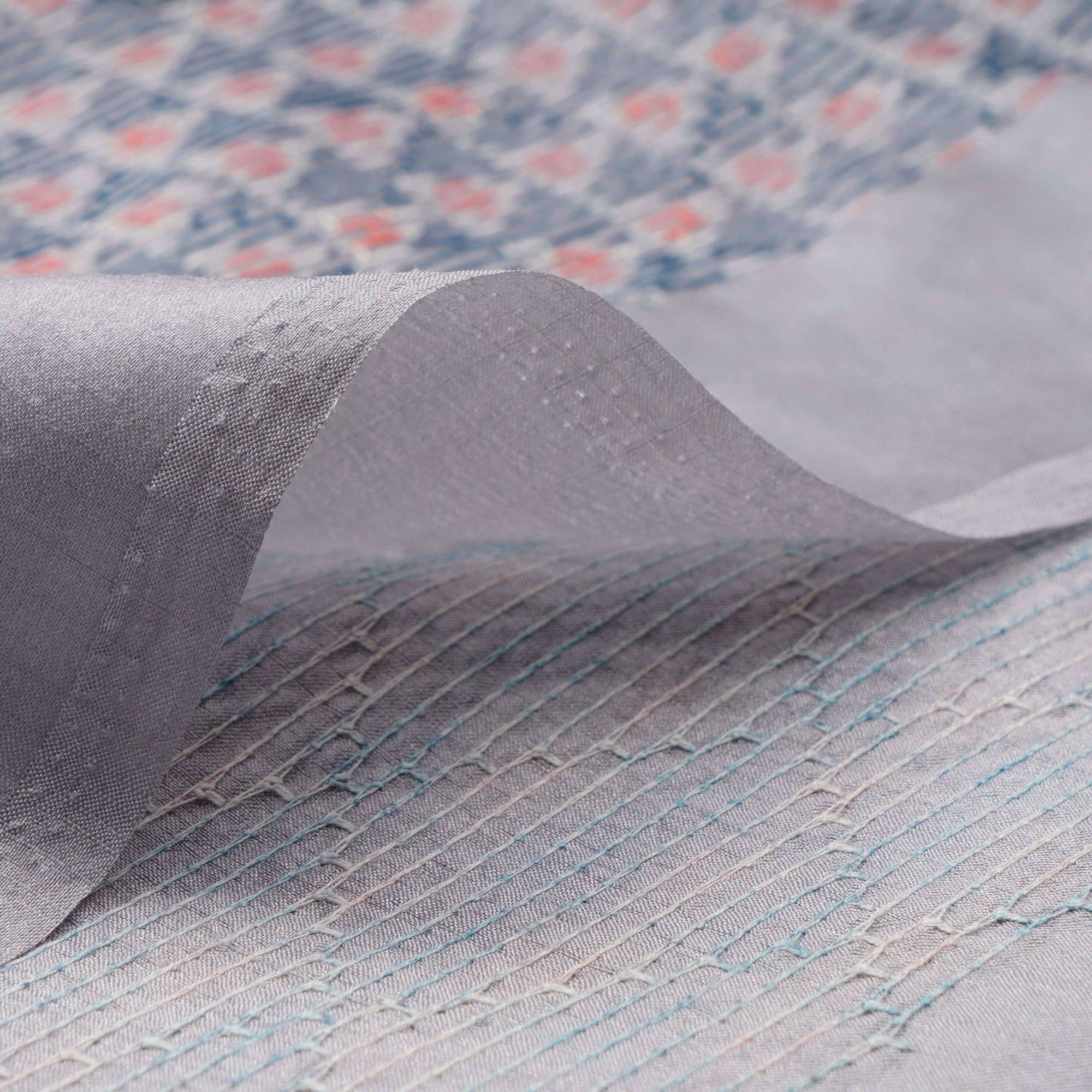 (Pre-Cut 0.90 Mtr)Grey-Multi Geometric Pattern Thread Embroidered Visocse Tusser Fabric