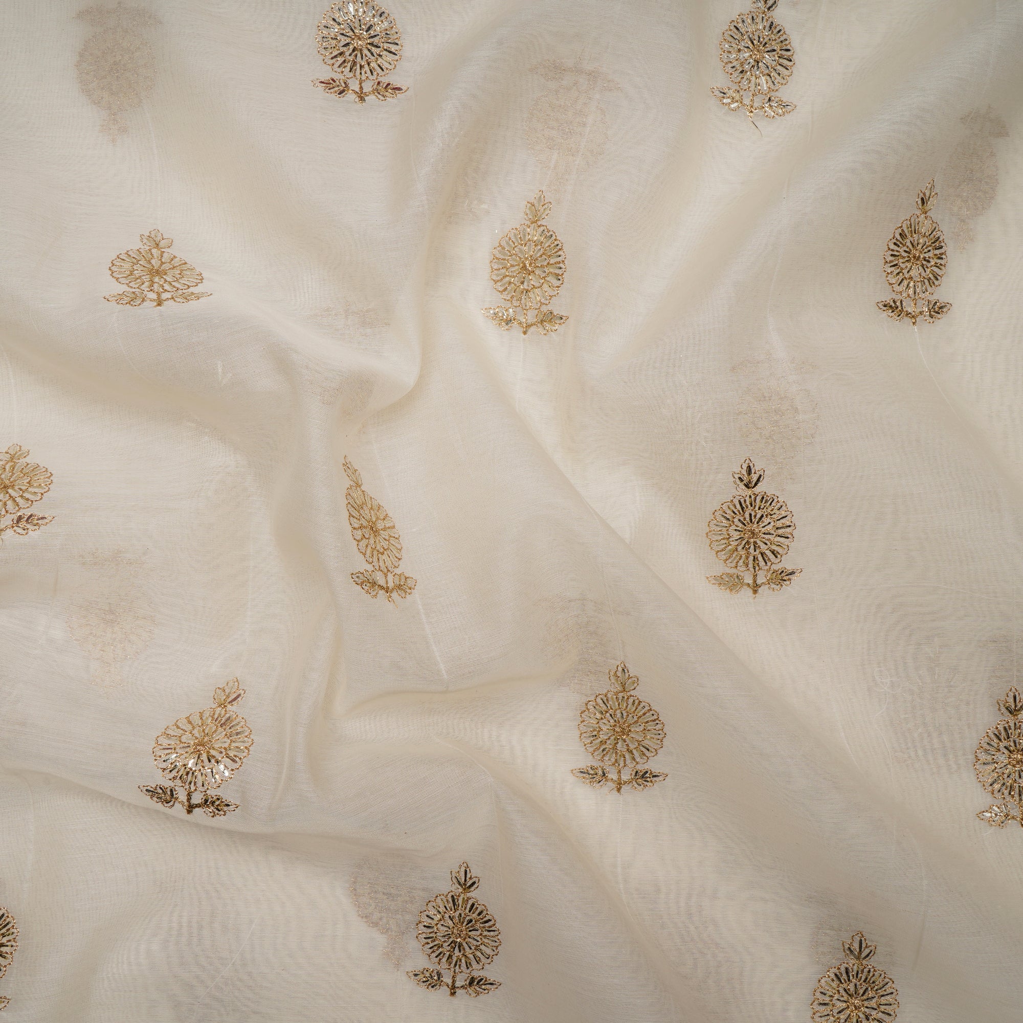 (Pre-Cut 2.00 Mtr)Off White Dyeable Motif Pattern Embroidered Chanderi Fabric