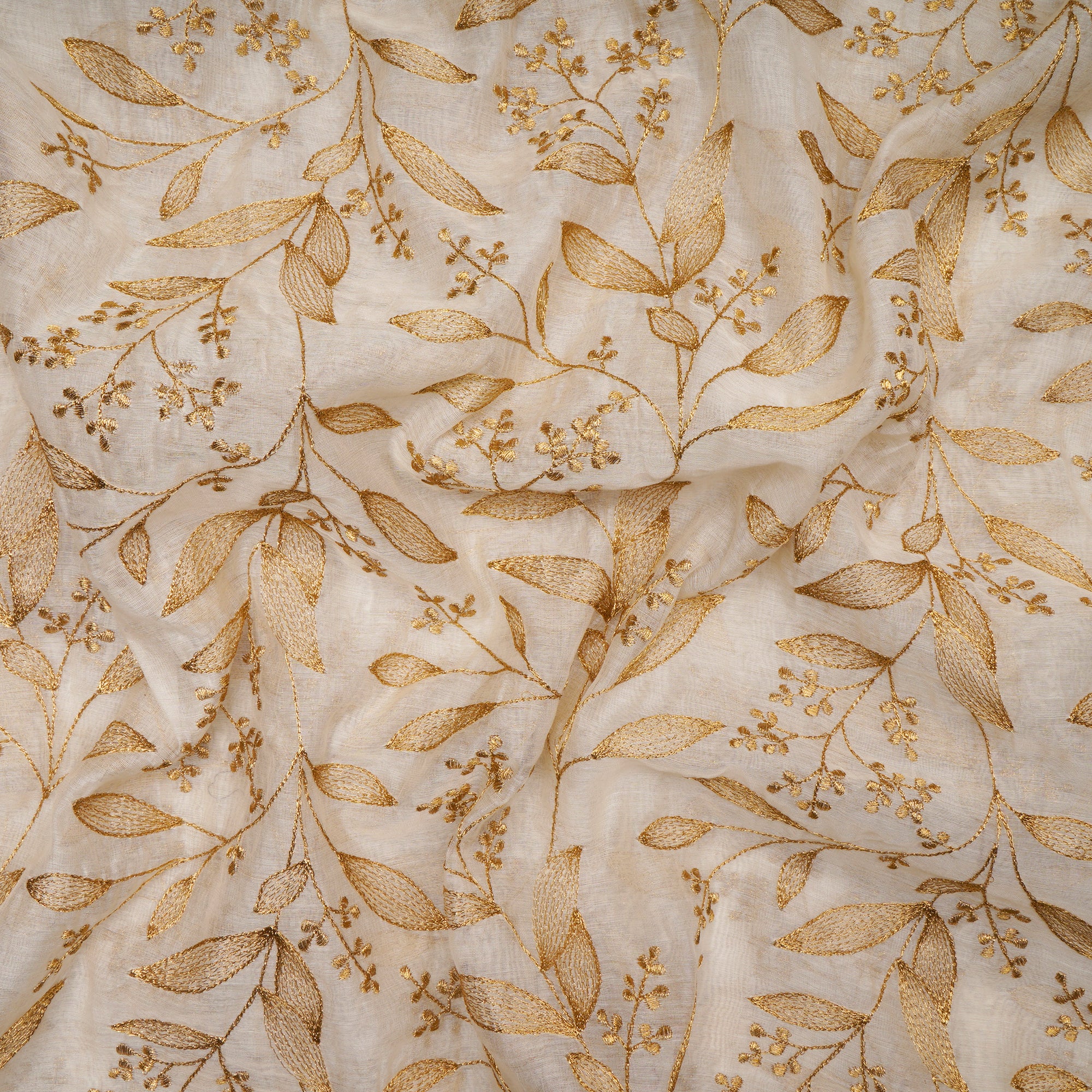 (Pre-Cut 1.00 Mtr)White-Gold Floral Pattern All Over Embroidery Chanderi Fabric