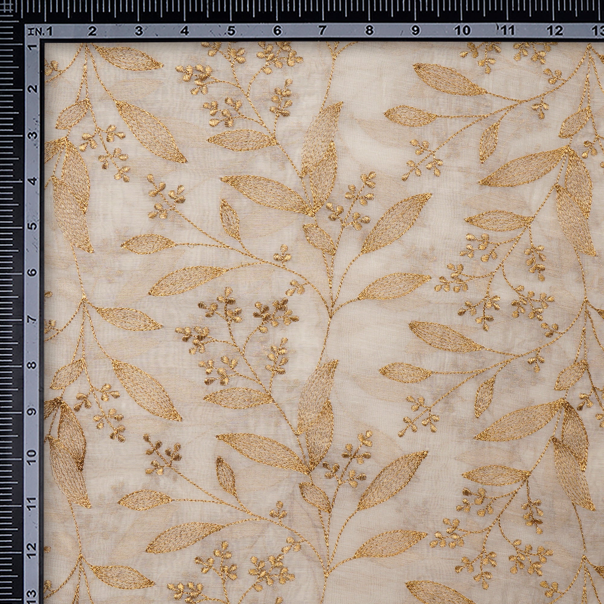 (Pre-Cut 1.00 Mtr)White-Gold Floral Pattern All Over Embroidery Chanderi Fabric