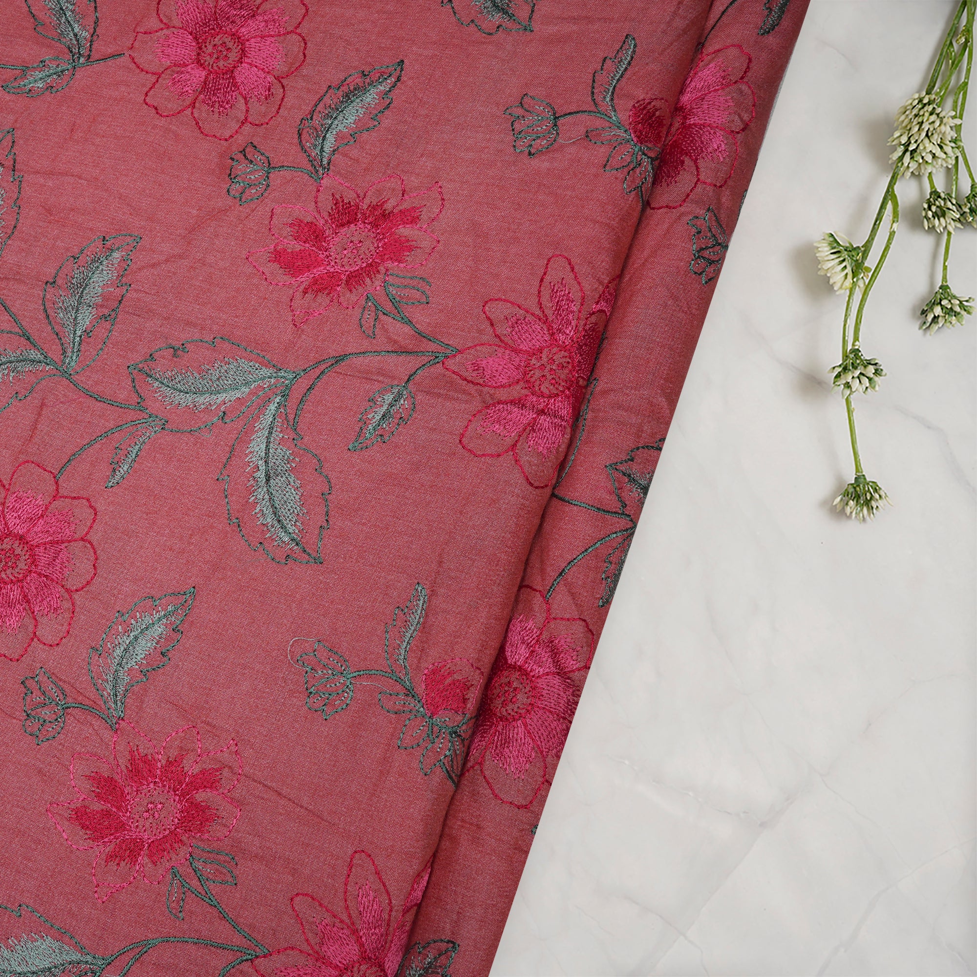 (Pre-Cut 2.70 Mtr)Salmon Color Embroidered Tussar Muga Silk Fabric