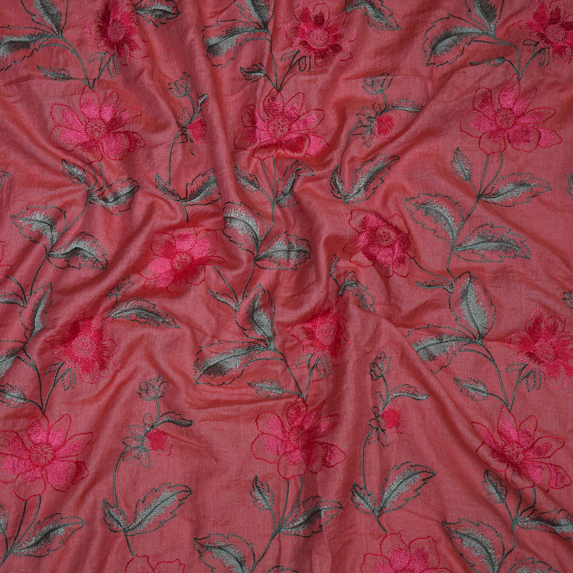 (Pre-Cut 2.70 Mtr)Salmon Color Embroidered Tussar Muga Silk Fabric