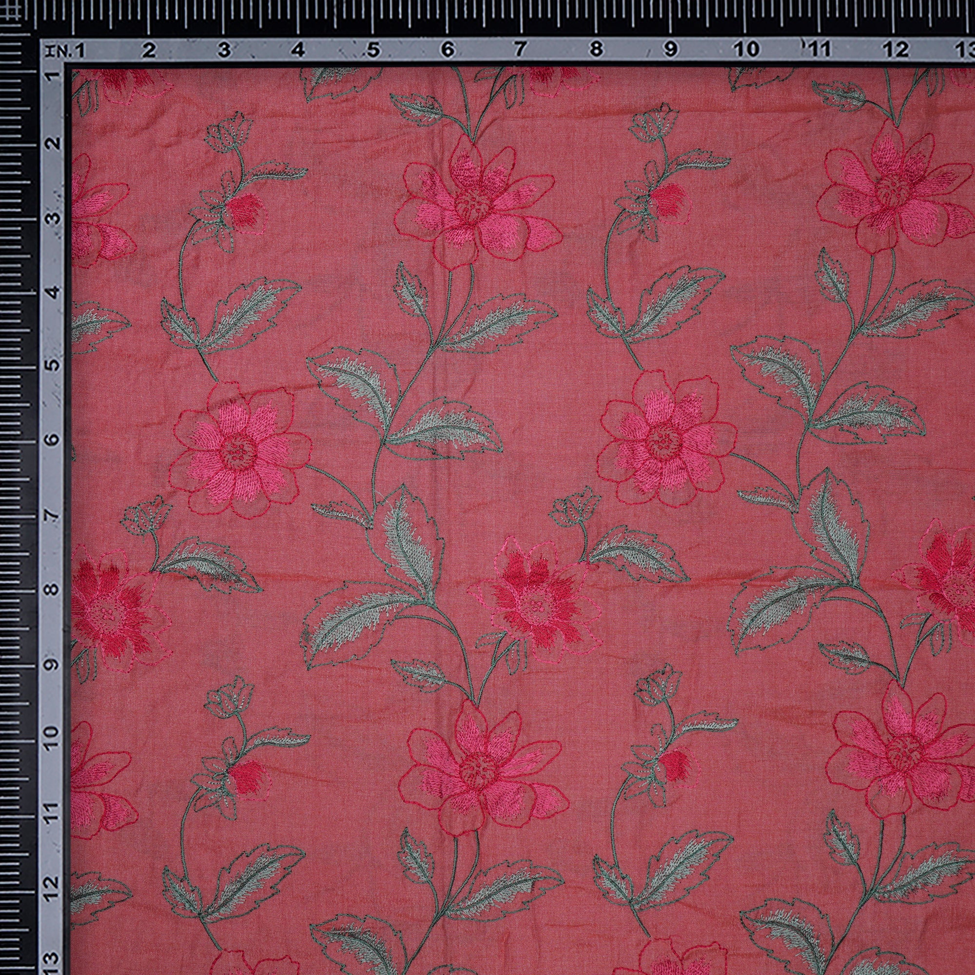 (Pre-Cut 2.70 Mtr)Salmon Color Embroidered Tussar Muga Silk Fabric