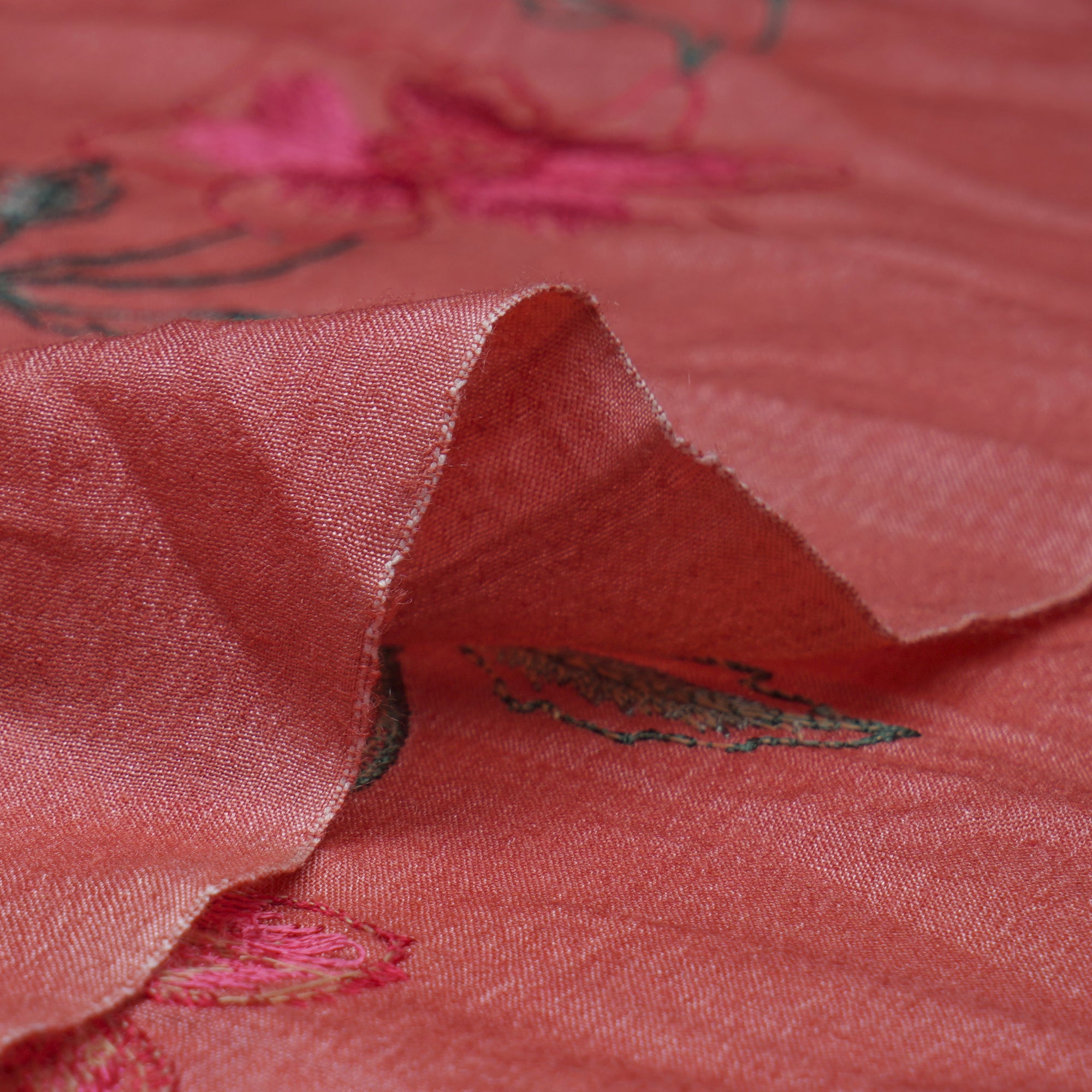 (Pre-Cut 2.70 Mtr)Salmon Color Embroidered Tussar Muga Silk Fabric
