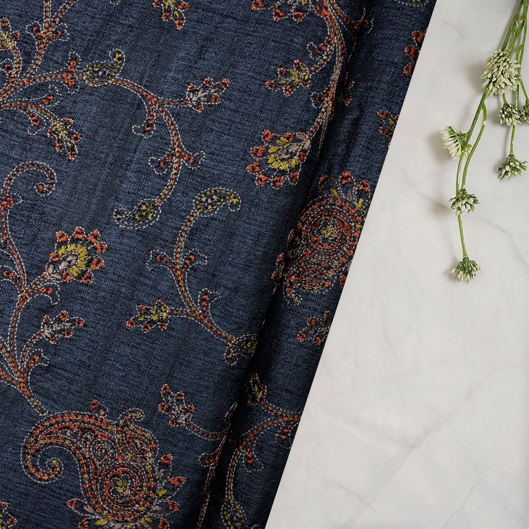 (Pre-Cut 3.00 Mtr)Navy Color Embroidered Tussar Silk Fabric