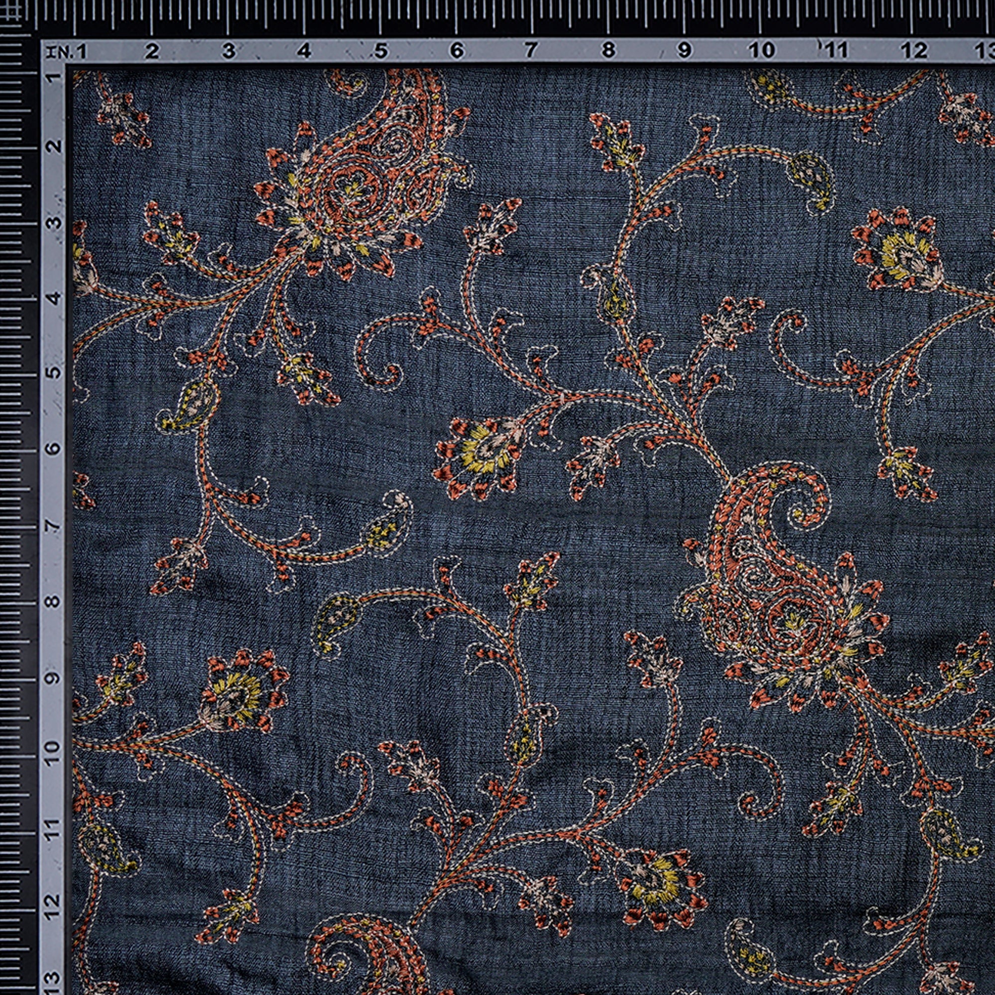 (Pre-Cut 3.00 Mtr)Navy Color Embroidered Tussar Silk Fabric