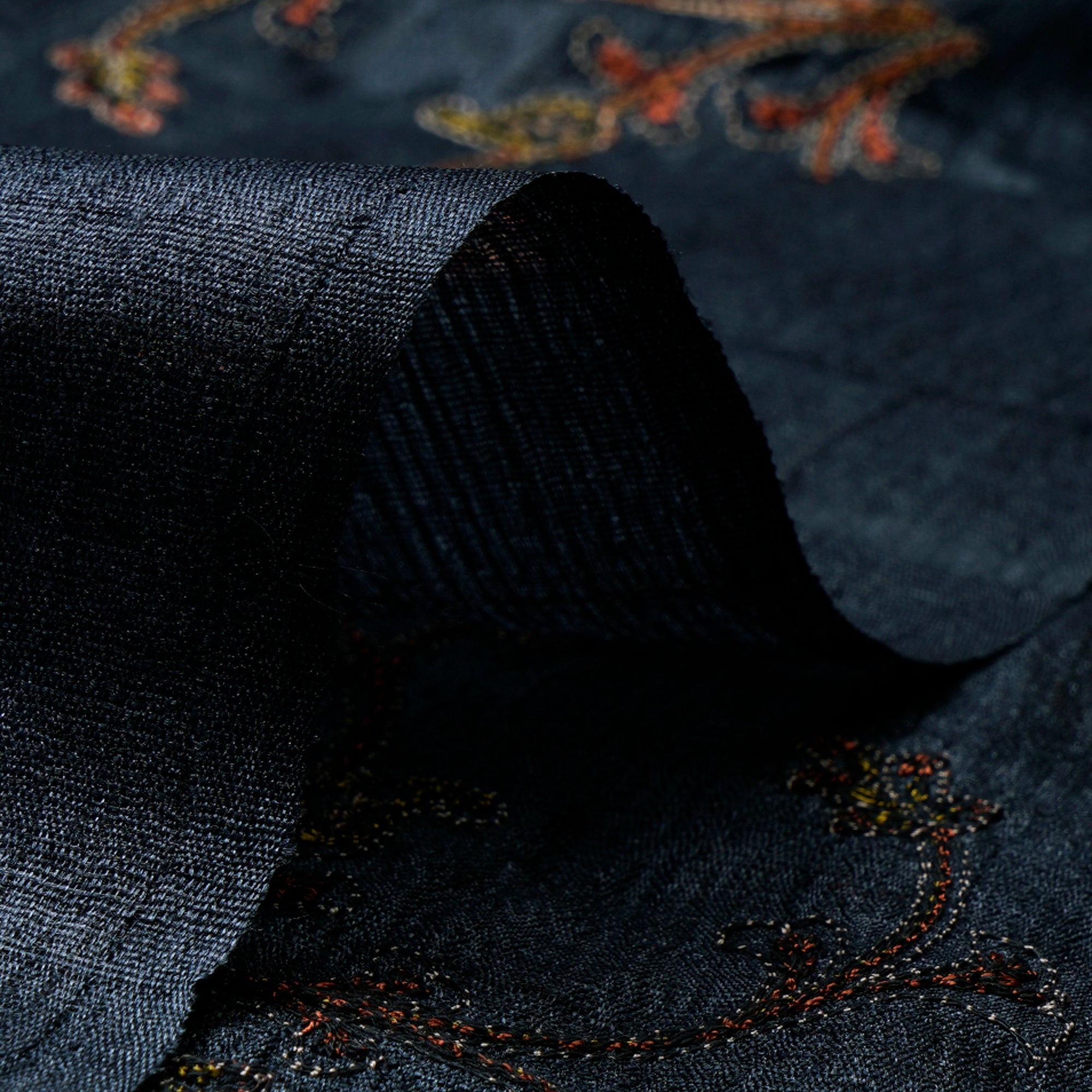(Pre-Cut 3.00 Mtr)Navy Color Embroidered Tussar Silk Fabric