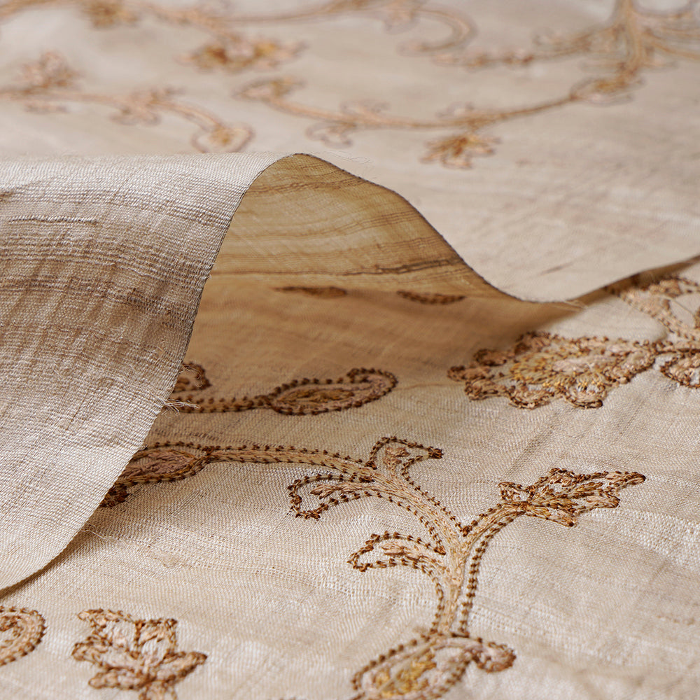 (Pre-Cut 4.30 Mtr)Beige Color Embroidered Pure Tussar Silk Fabric