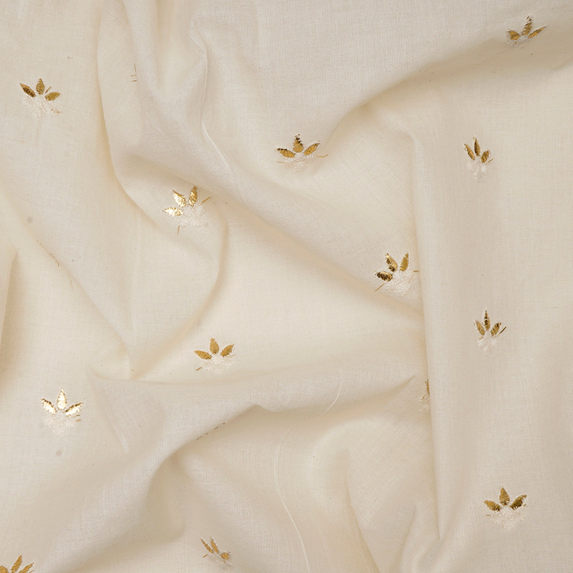 (Pre-Cut 2.00 Mtr)Off White Embroidered Cotton Fabric With Mukaish Work