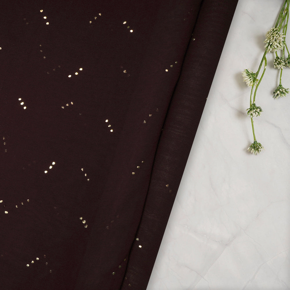 (Pre-Cut 1.95 Mtr)Brown Handcrafted Mukaish Work Pure Chiffon Silk Fabric